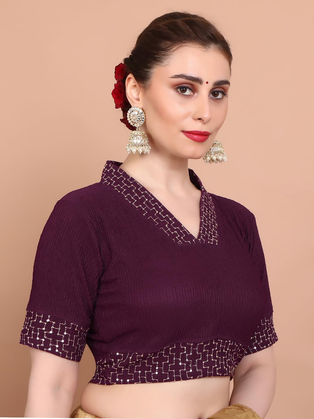 SALWAR STUDIO Wine Stretchable V Neck Non Padded Readymade Saree Blouse - to Fit Bust 32" to 38" Inches
