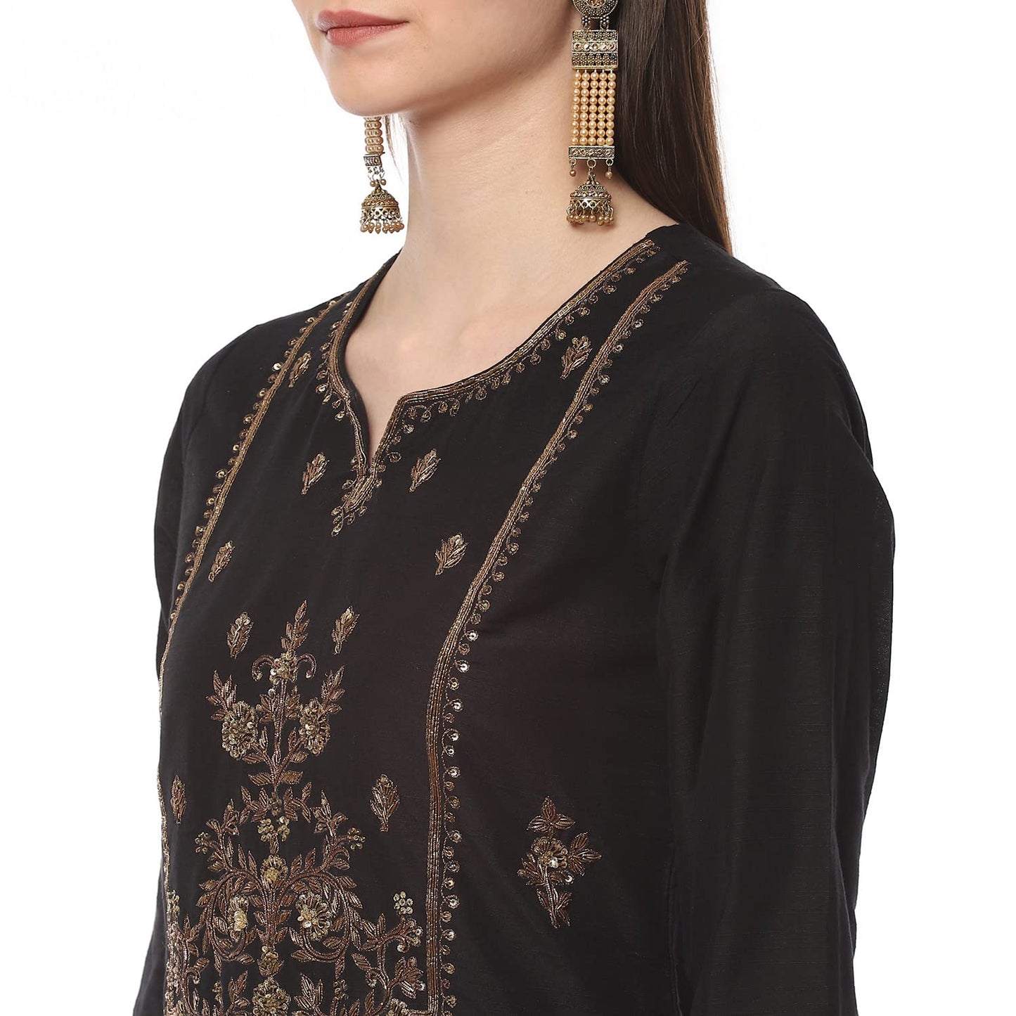 BIBA Women's Solid; Embroidred Narrow Salwar Kurta Dupatta(Skd7185_Black_38) - Viscose