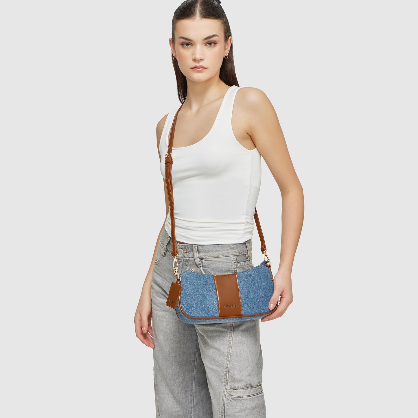 Miraggio Bella Denim Shoulder Bag with Adjustable & Detachable Sling/Crossbody Strap for Women (Denim & Brown)