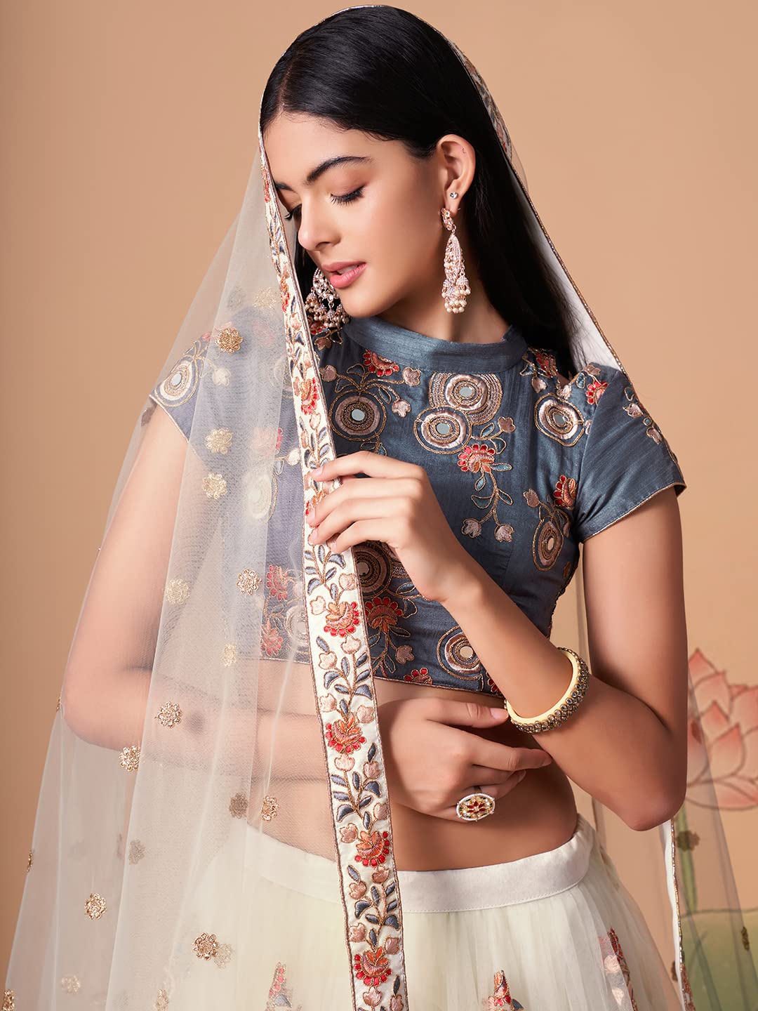 Zeel Clothing Women's Net Embroidered Semi-Stitched Bridal New Lehenga Choli with Dupatta (7322-OffWhite-Wedding-Bridal-Latest; Free Size) (Off-White)
