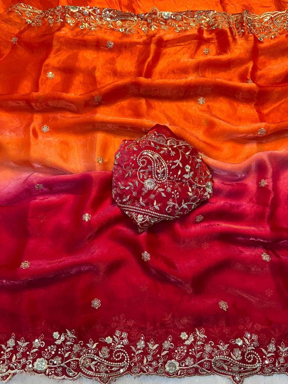 Amazon Brand - Tavasya Orange Pink Fendy Satin Silk Saree with Multi Sequence Embroidery Work | Heavy Embroidered Wedding Party look Saree with Running Blouse Piece