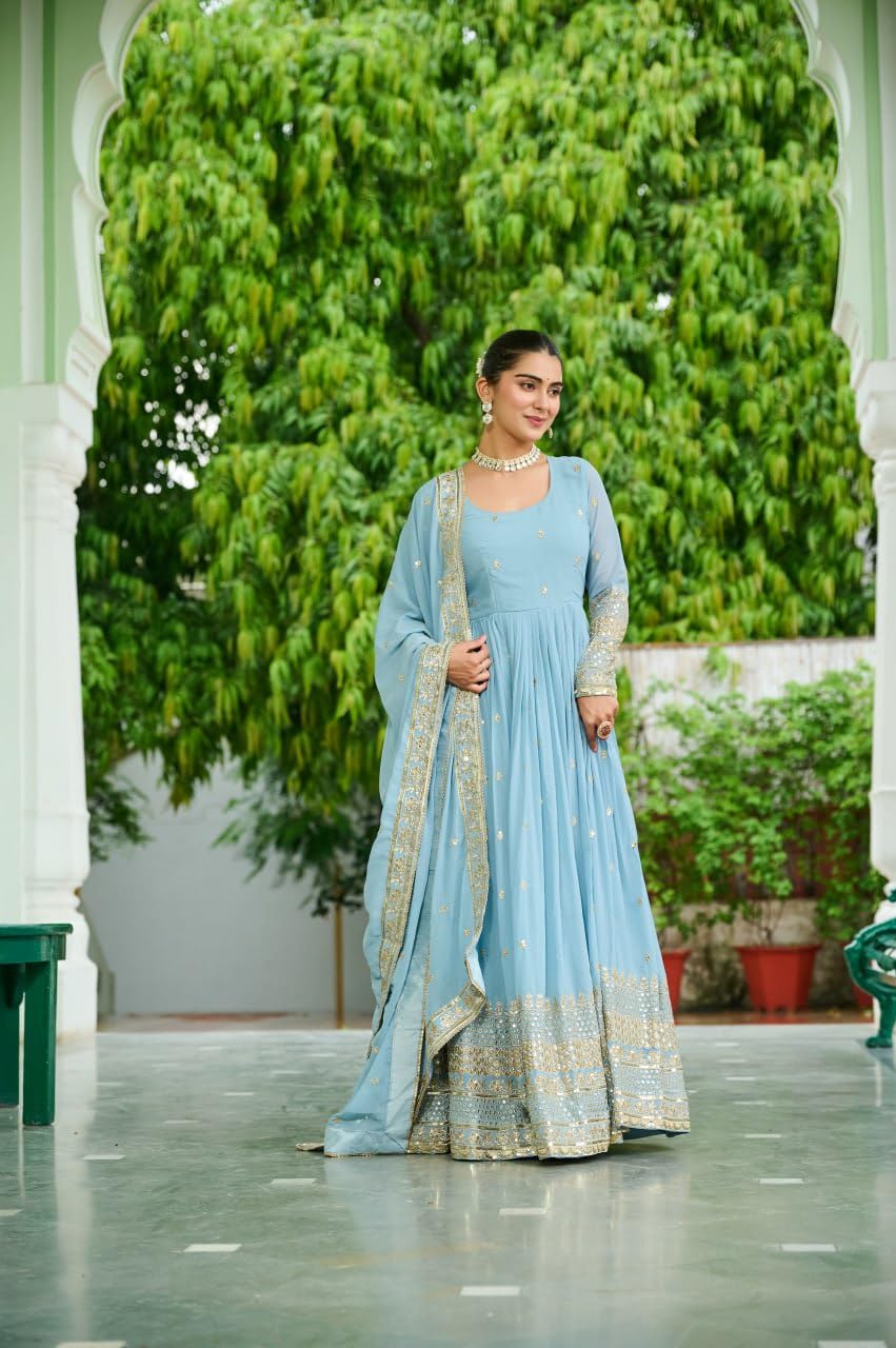 Mehervaa by vinni Women's Anarkali Gown with Dupatta, Sky Blue, Embroidered Golden Border, Long Sleeve, Ethnic (in, Alpha, L, Regular)