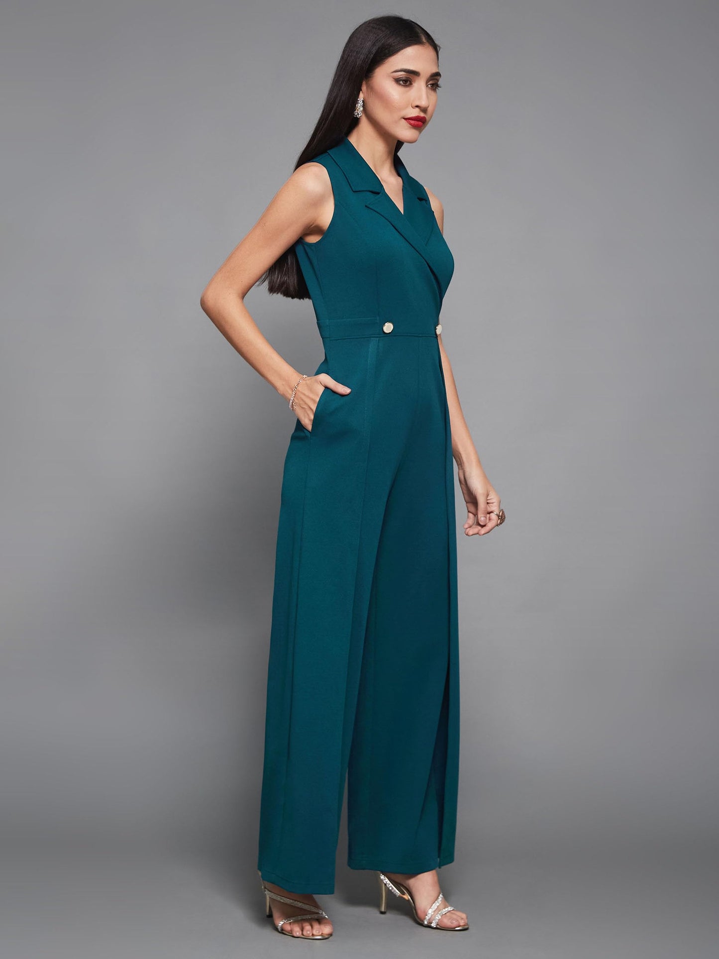 Miss Chase Women's Notched Collar Sleeveless Wrap Regular-Length Jumpsuit (MCSS25D93-84-487-03, Peacock Teal, S)