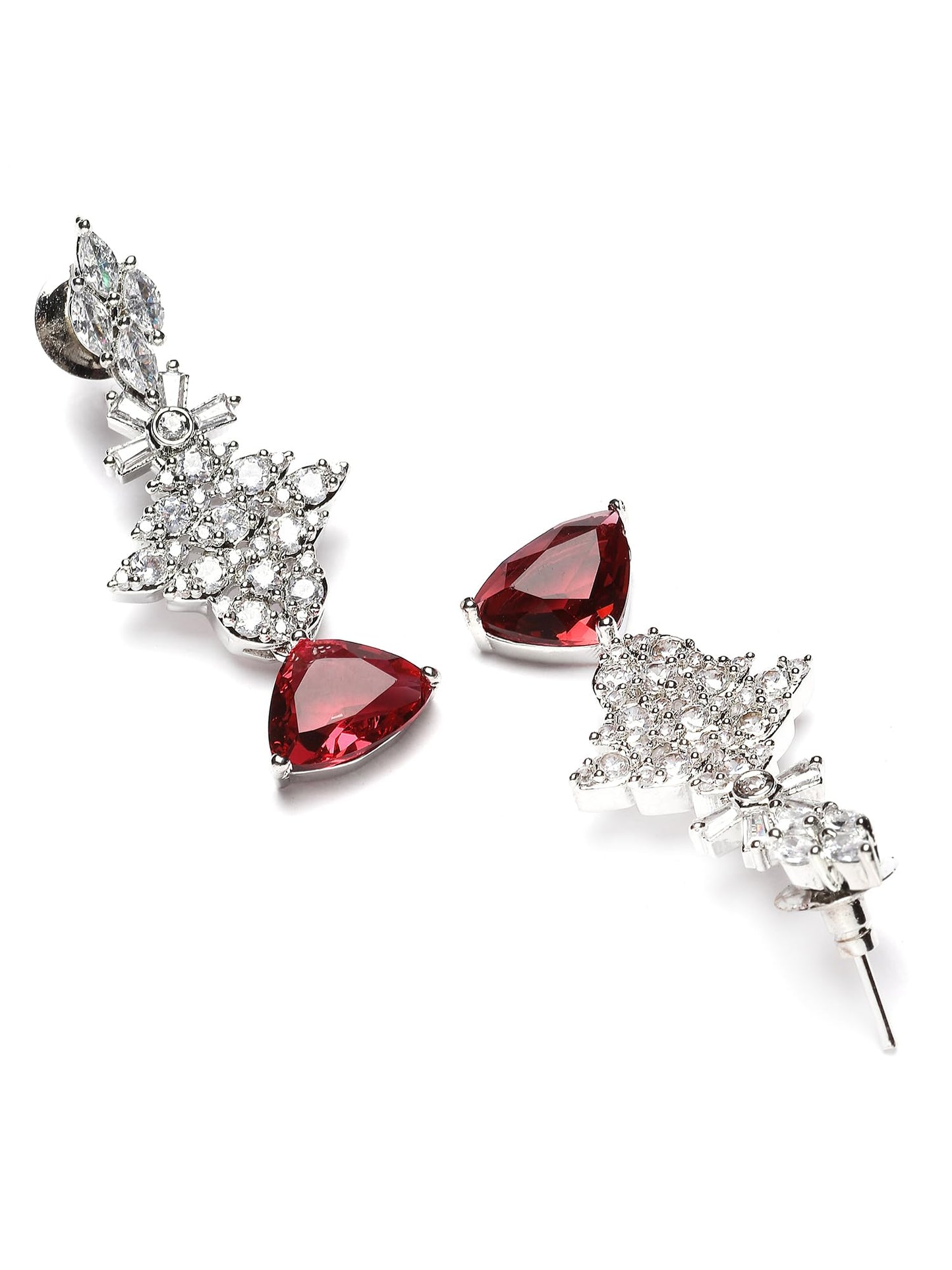 Karatcart Silver Tone Red Triangular Shape American Diamond Necklace Set for Women