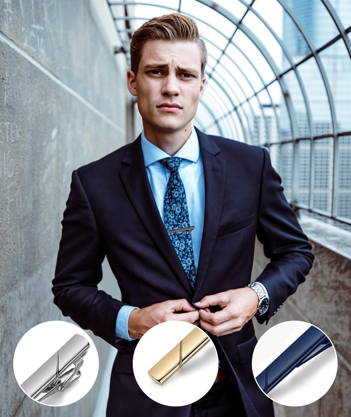 4 Pcs Tie Pin, Tie Pin for Men Formal, Tie Clip for Men Plain Twill Tie Clip High-End Fashion Business Tie Clip Suitable for Formal Suit for Men (Black Silver Gold Blue)