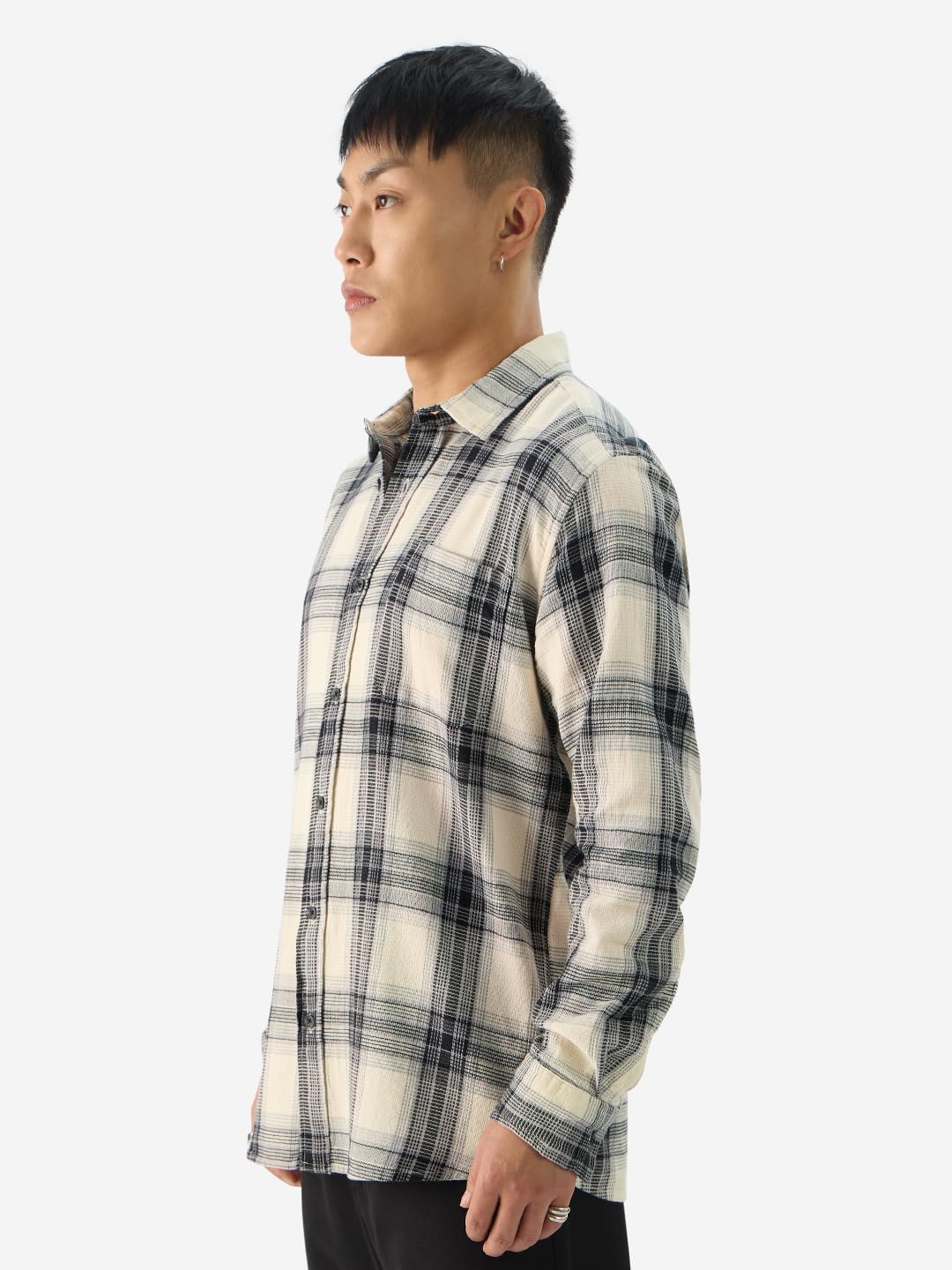 The Souled Store Plaid: Waffle Black Men and Boys Long Sleeve Collared Neck Button Front Regular Fit Cotton Shirts