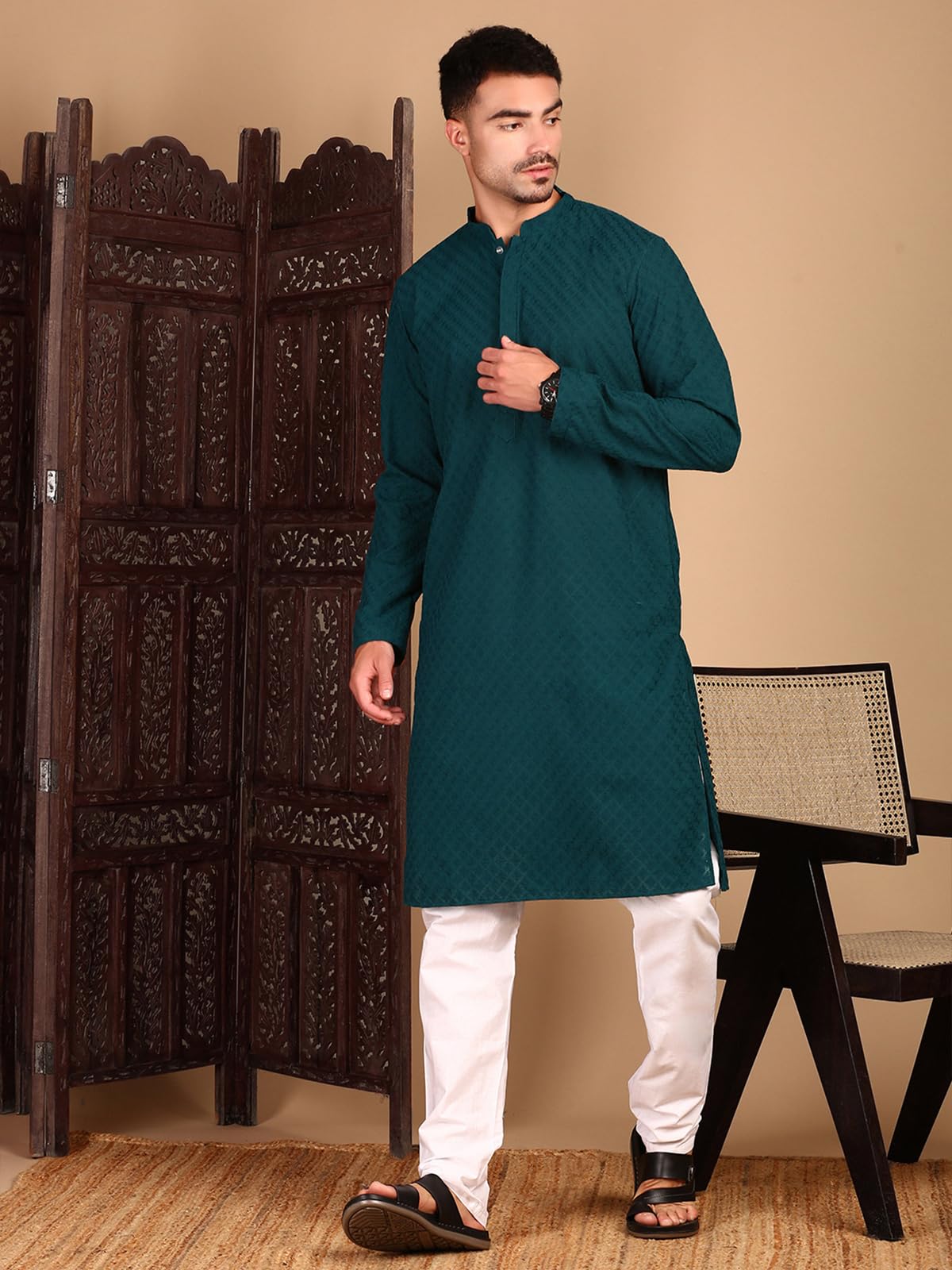Sanwara Men's Cotton Geometric Regular Kurta Set