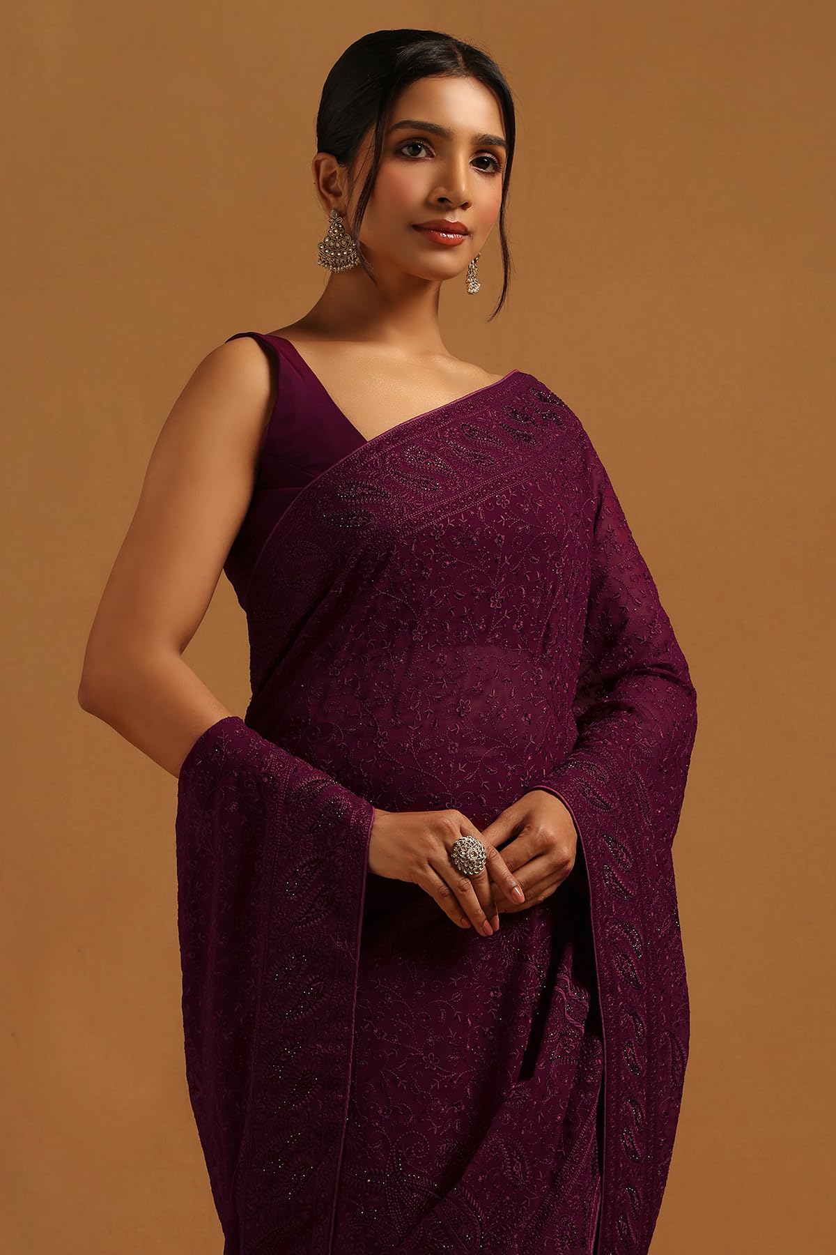 Soch Womens Wine Georgette Botanical Saree With Stone Work