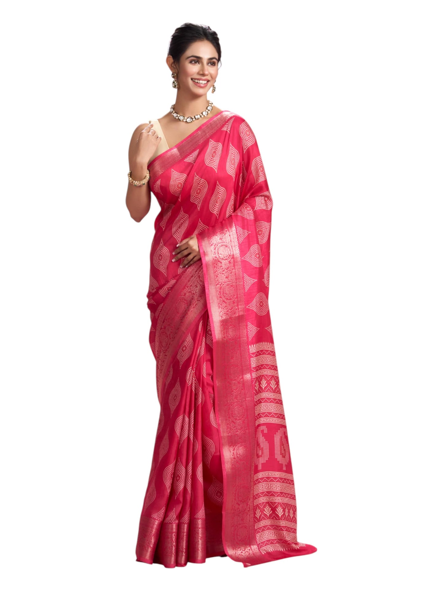 MOHEY Women's Art Silk Printed, Weave Saree with Blouse Piece(Rani)