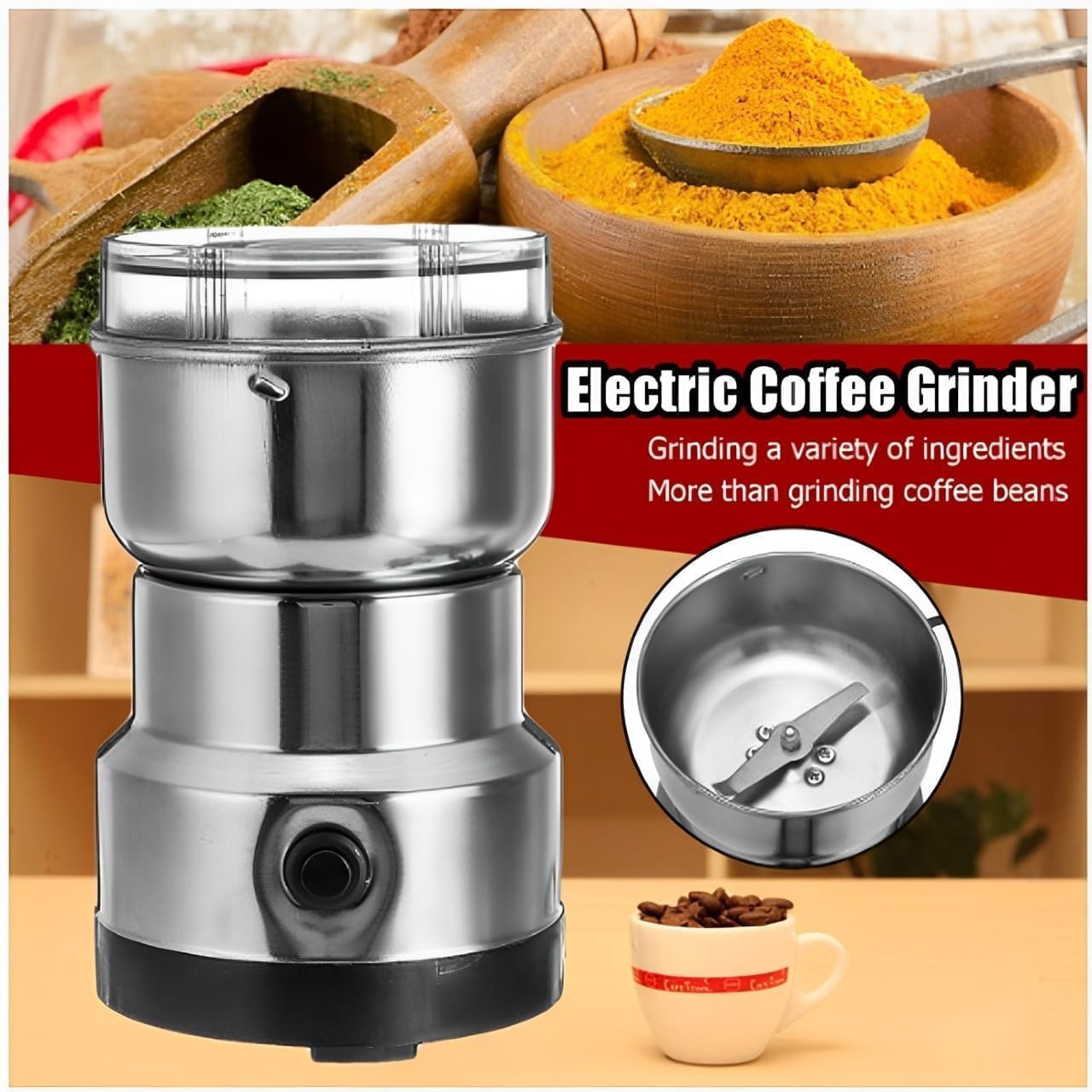 Veneur Store Nima Stainless Steel Multifunctional Electric Grinder & Coffee Maker - Mini Spice, Coffee, and Masala Grinder for Beans, Nuts, and Grains - Household Mixer Grinder (Silver)