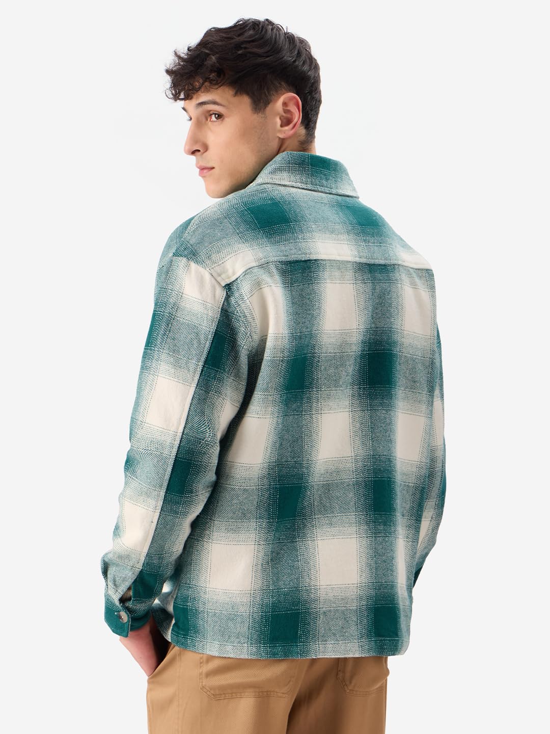 The Souled Store Plaid : Light Emerald and White Men and Boys Long Sleeve Collared Neck Button Front Cotton Oversized Fit Flannel Shackets