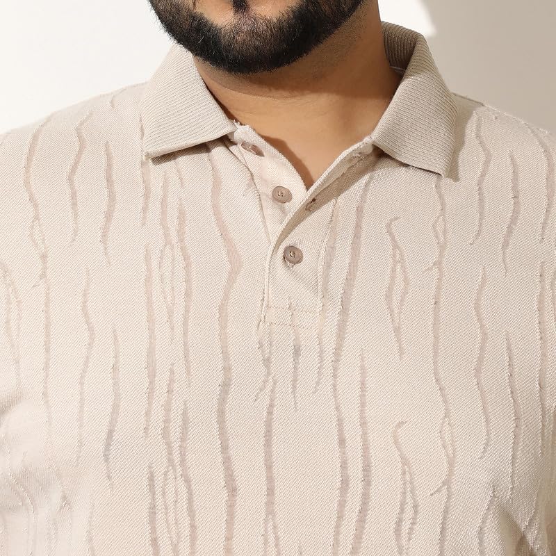 Instafab Plus Men Crevice-Jacquard Polo T-Shirt | Polo Neck, Short Ribbed-Cuff Sleeves | Half-Button, Straight Hem | Solid Jacquard Knitted Fabric for Casual & Daily White