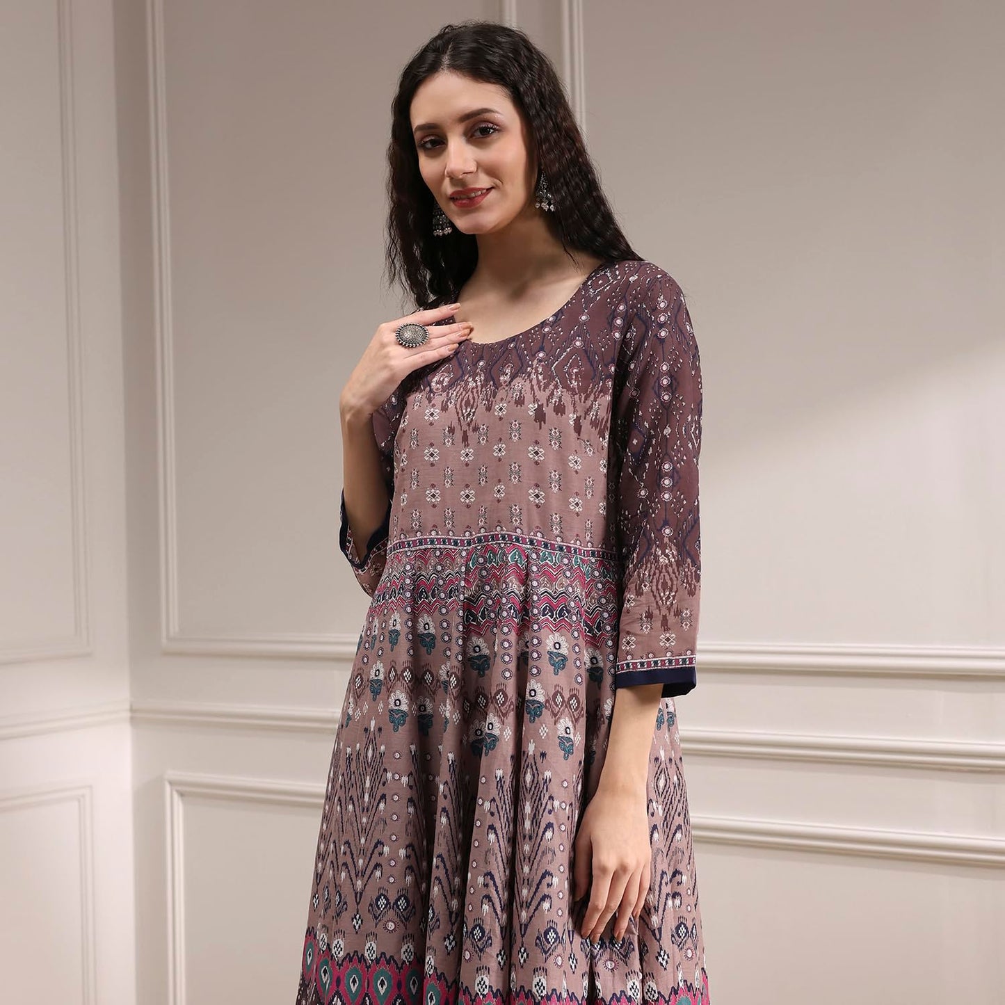 Biba Women Mud Brown Cotton Anarkali Printed Kurta Set_34