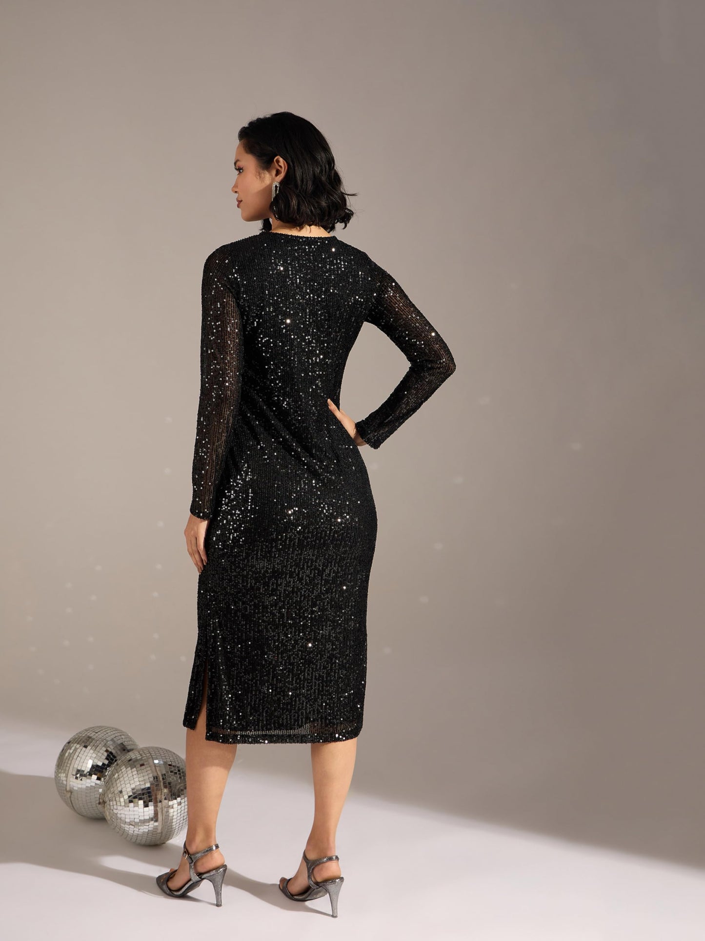 SASSAFRAS Women's Sequin Below Knee Dress (SFDRSS12607_Black_2XL)