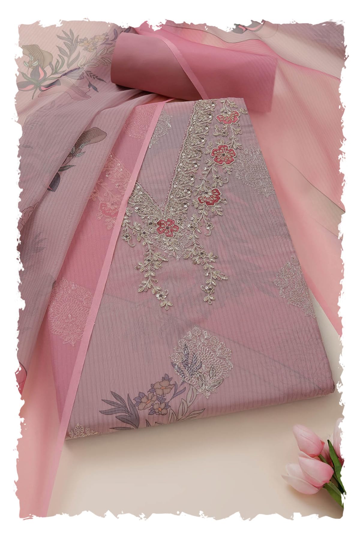 Soch Womens Organza Foil Print Unstitch Dress Material With Sequins