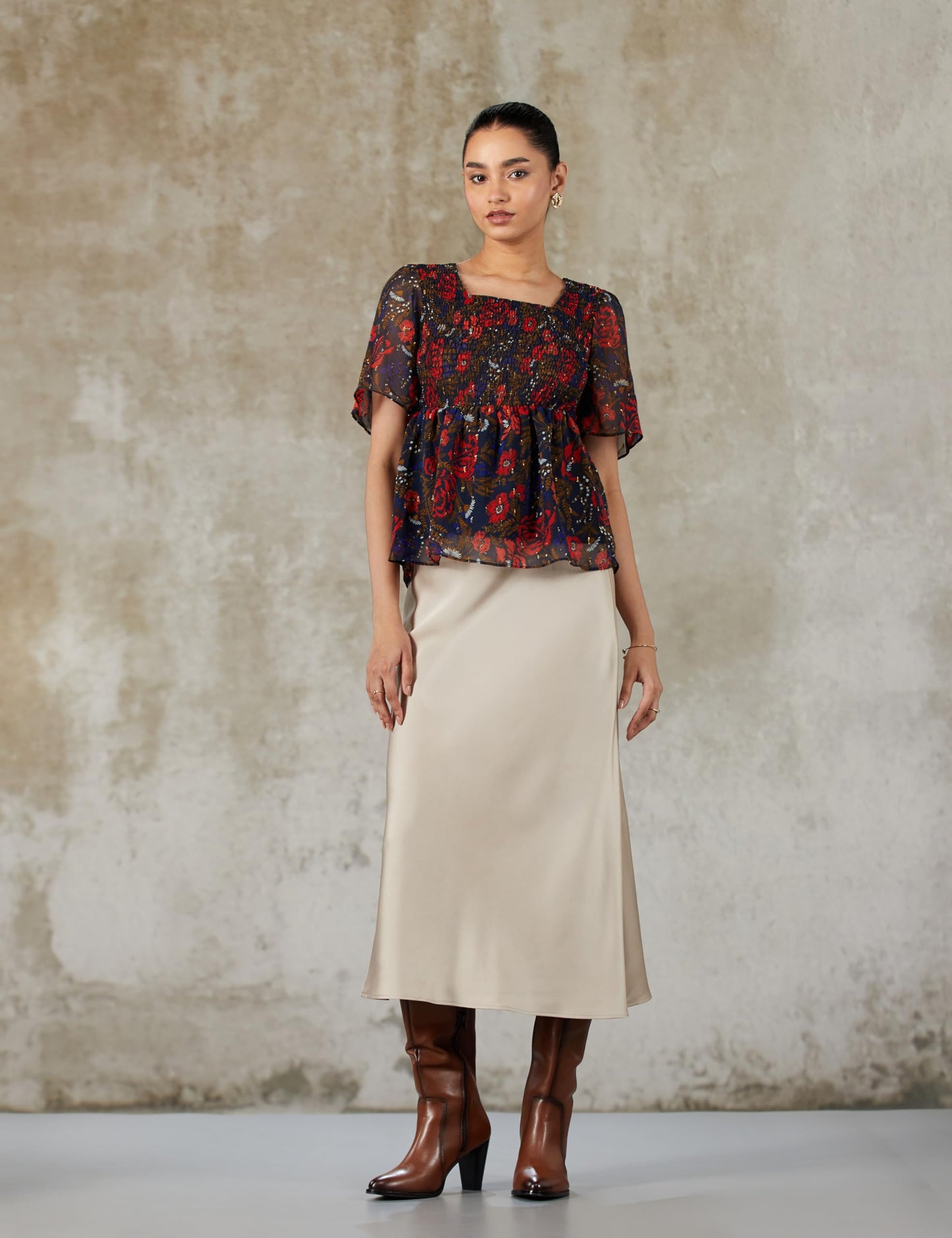 VERO MODA Women Floral Print Navy Polyester Peplum Top