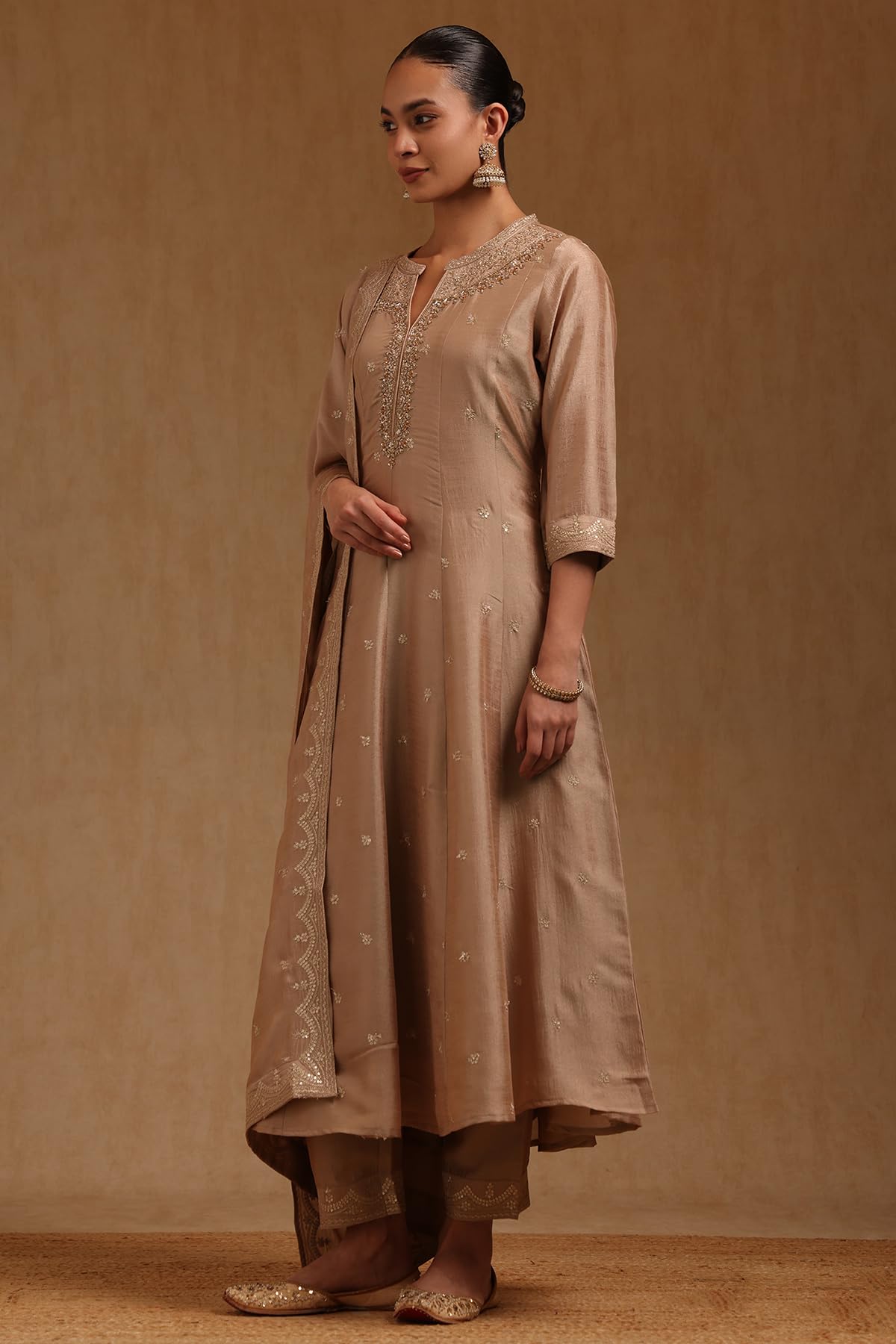 Soch Womens Beige Vichitra Zari Embroidered Salwar Suit With Sequins