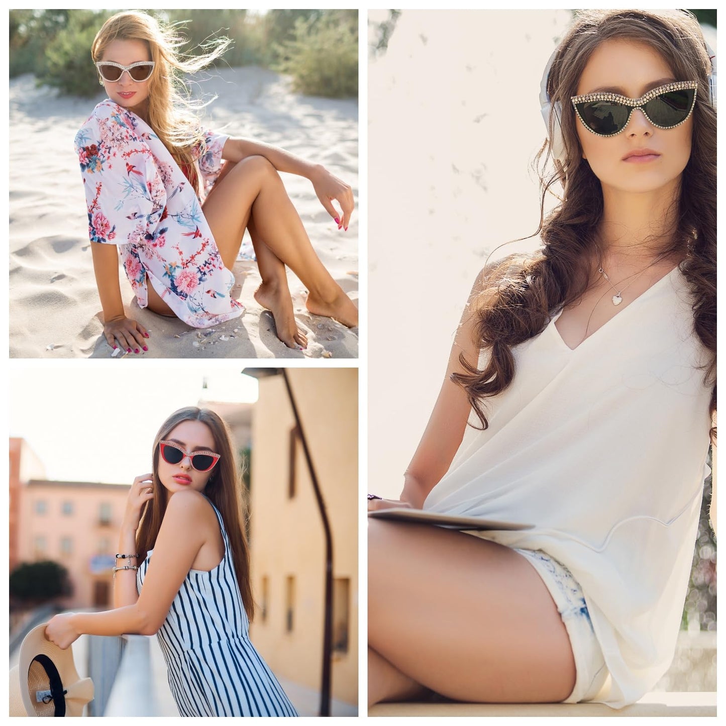 FEISEDY Women Oversized Diamond Sunglasses Fashion Cat Eye Rhinestone Sunglasses Jeweled Frame Costume Party B2360, White Stripe Diamond, 51mm