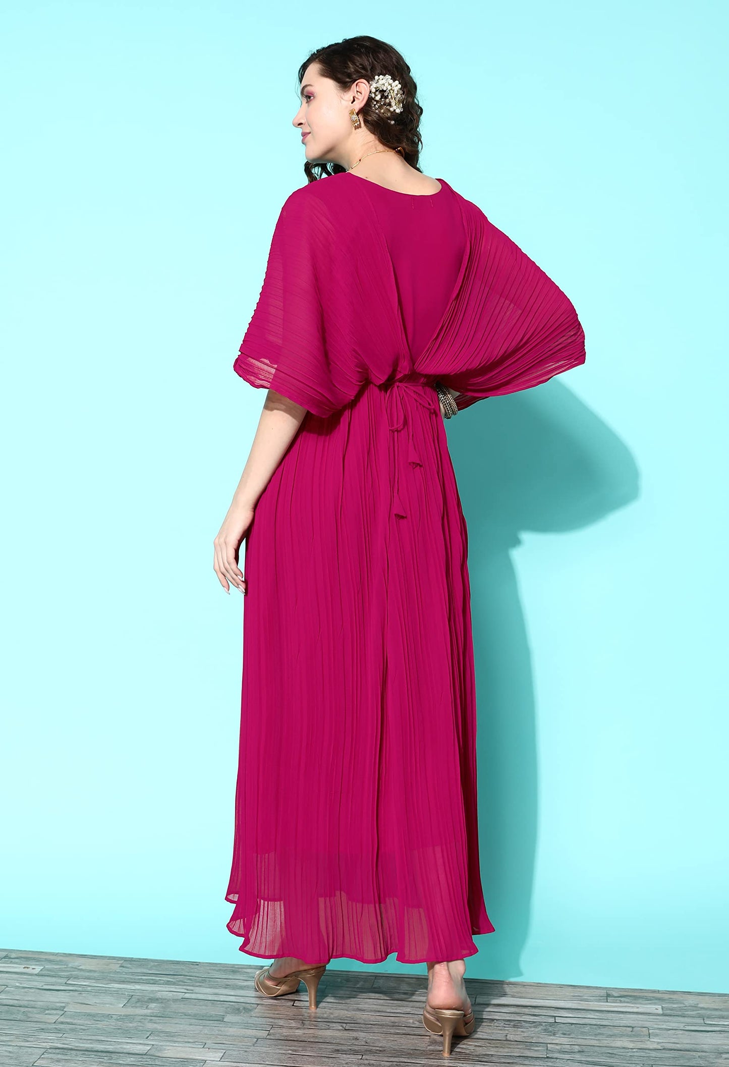 LYMI LABEL Western Gown For Women - Georgette Butterfly Sleeves Long Cinched Waist Gown Dress With Belt For Traditional, Indo Western, Ethnic Wear