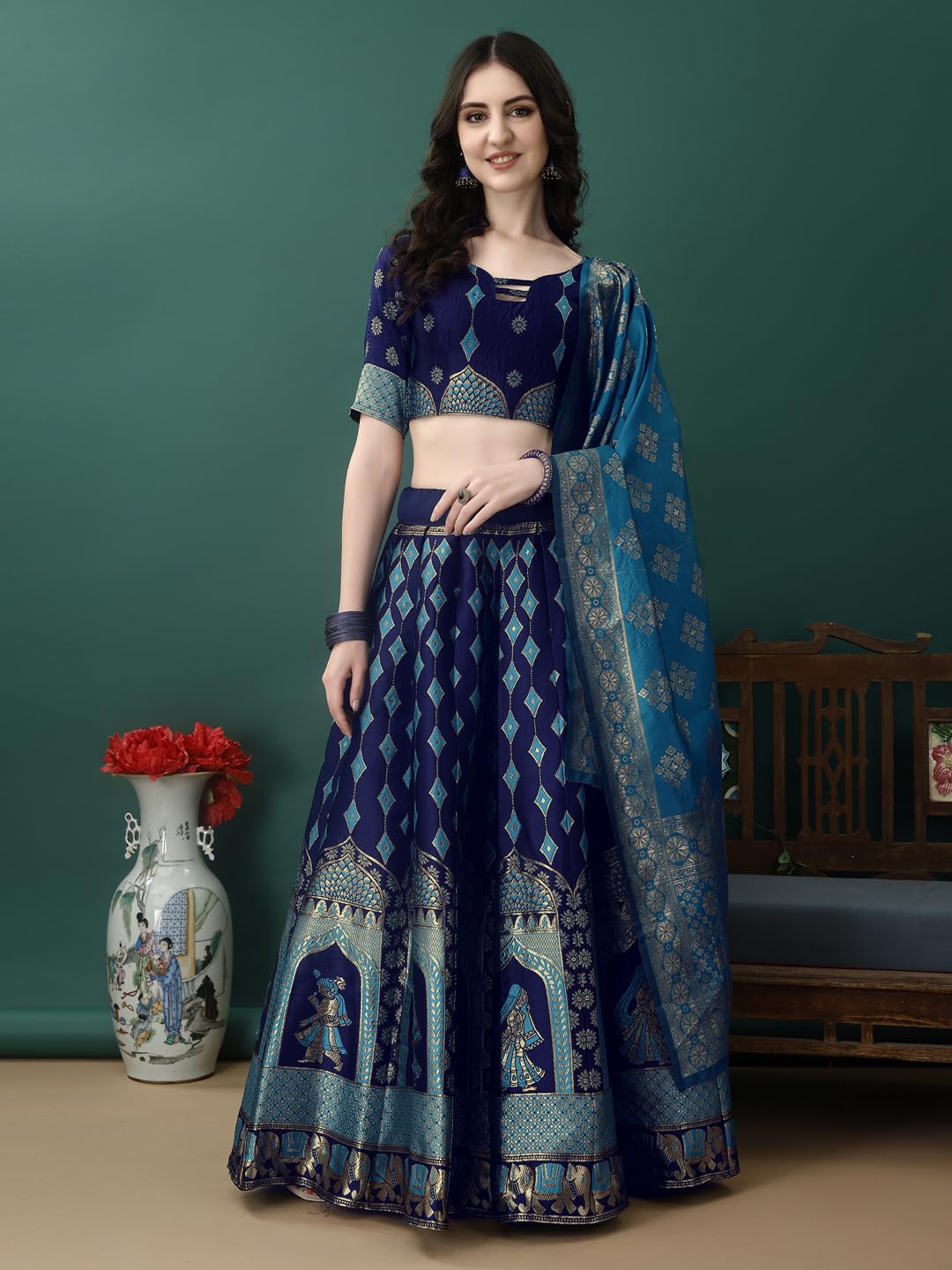 SWAMI STUDIO traditional womens wear banarasi silk lehenga choli (N.BLUE FIROZI)