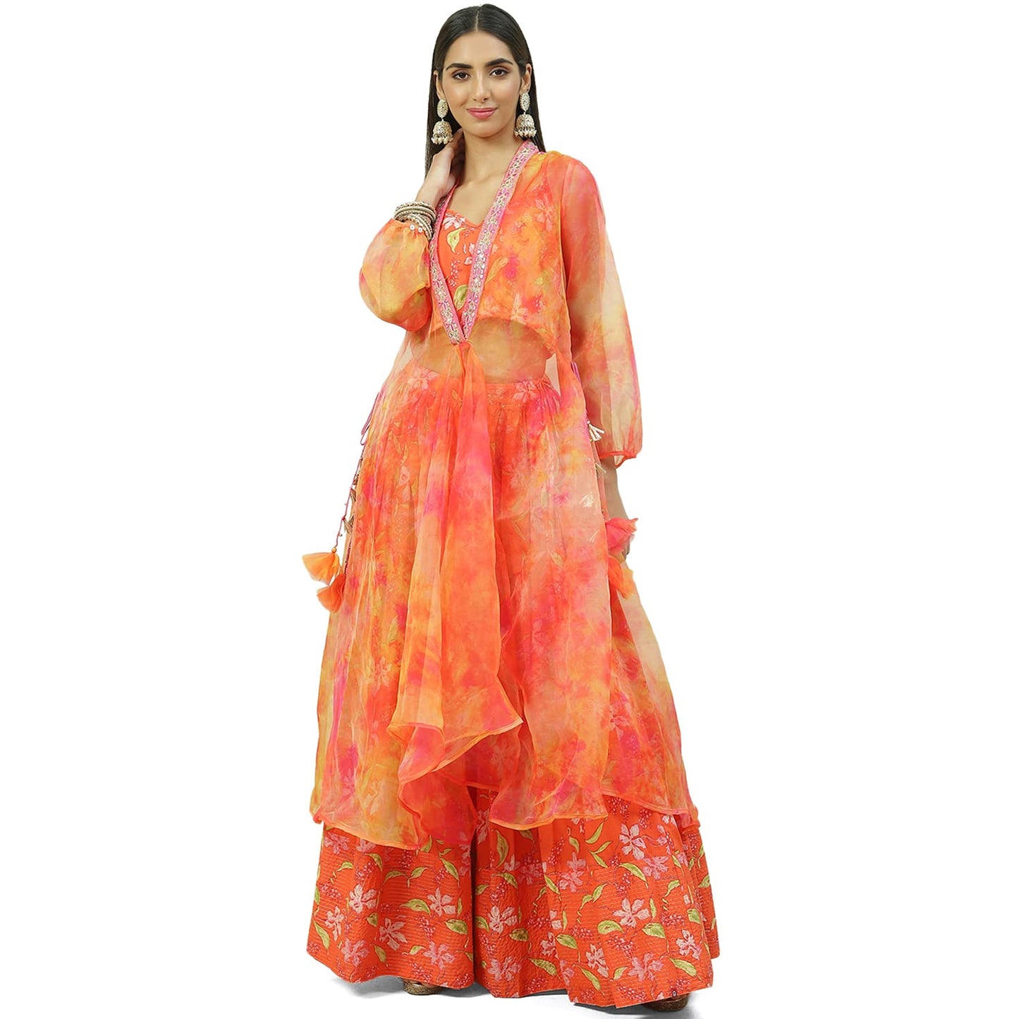 BIBA Women's Orange Art Silk Cape Lehenga Set