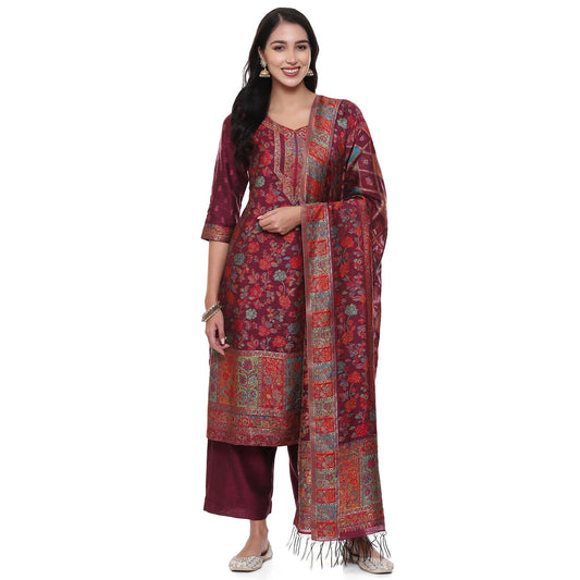 BIBA Women YARNDYED STRAIGHT KURTA SALWAR KURTA DUPATTA(SKDARTSY WE9102_WINE_34)