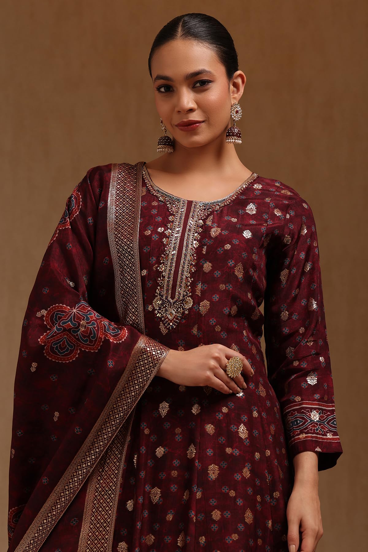 Soch Womens Wine Russian Silk Ethnic Motifs Gown with Mirror and Cutdana