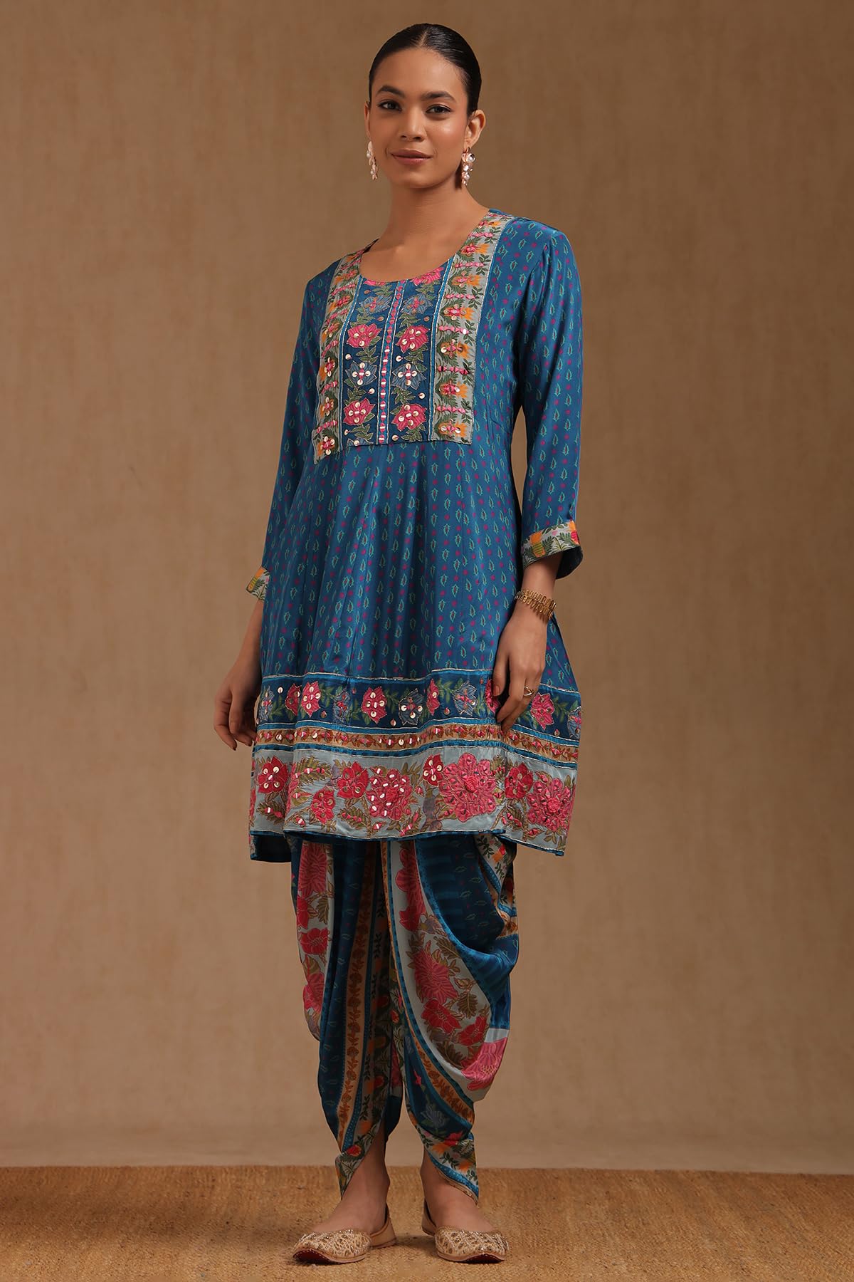 Soch Womens Crepe Floral Print Suit Set With Mirror Work