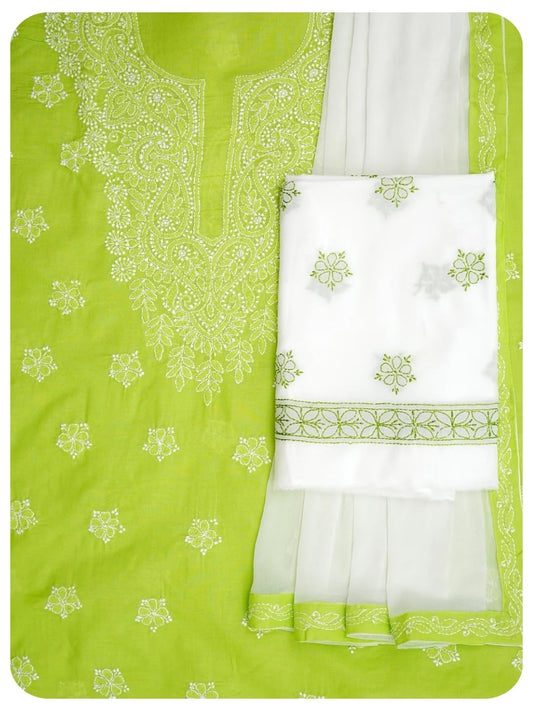 Ada Hand Embroidered Lucknowi Chikankari Unstitched Cotton Dress Material Suit Piece with Dupatta for Women A211365 Green