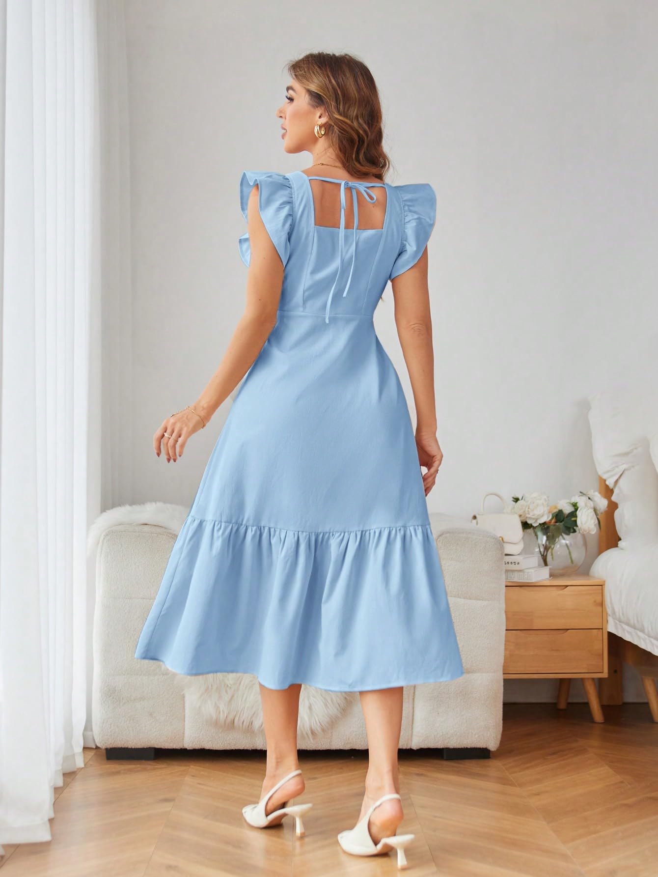 Shasmi Girl's & Women's Solid Baby Blue Color Square Neck, Ruffle-Trimmed Hem Sleeveless, Ruffle Armhole and Casual Dress with Cinched Waist Vacation Outfits Woman (Dress 162 Sky Blue-3XL)