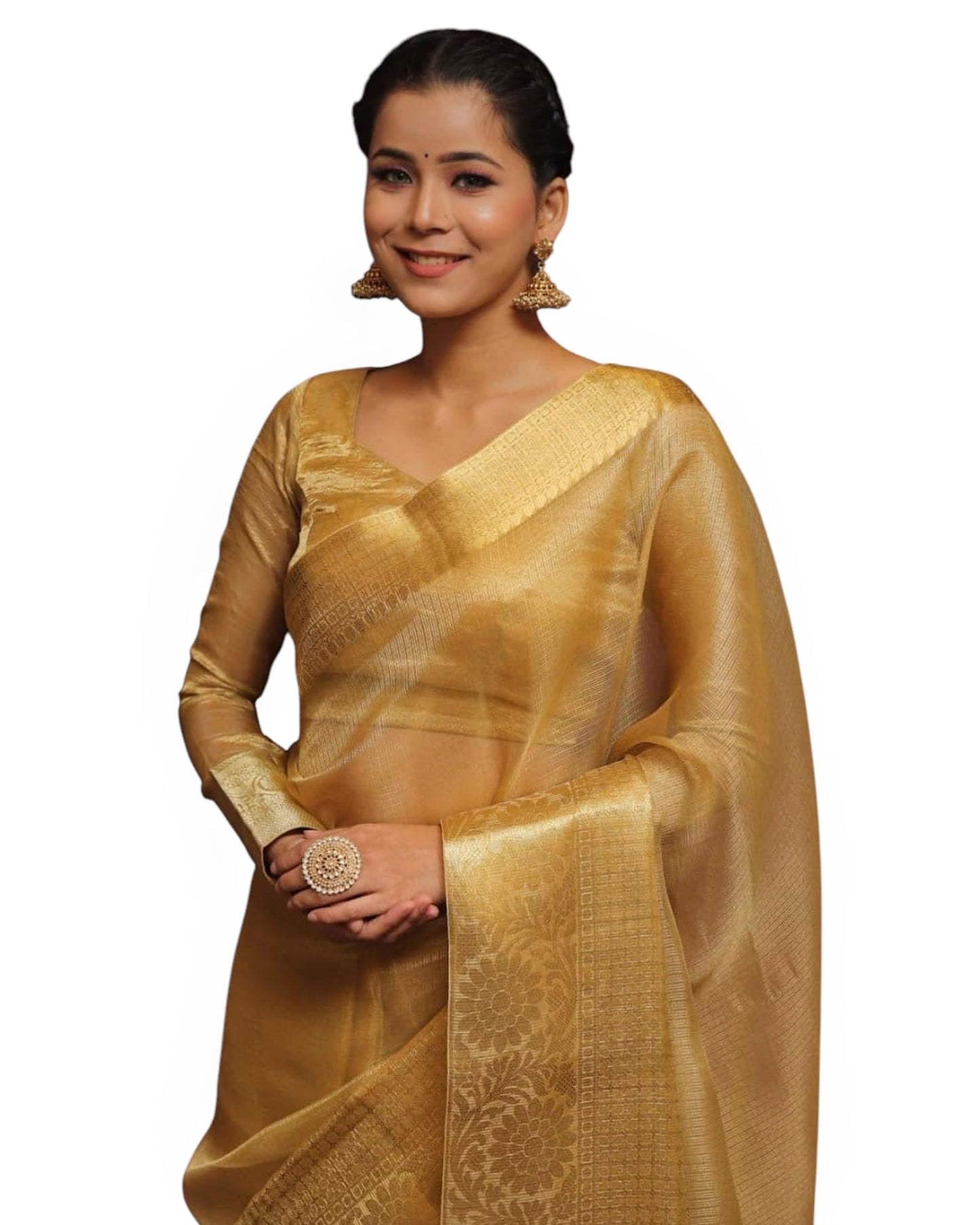 Women's Glory Womens Kanjivaram Banarasi Silk Saree Blend Woven Zari with Jacquard Woven Unstitched Blouse Piece. (Gold Tissue Plain)