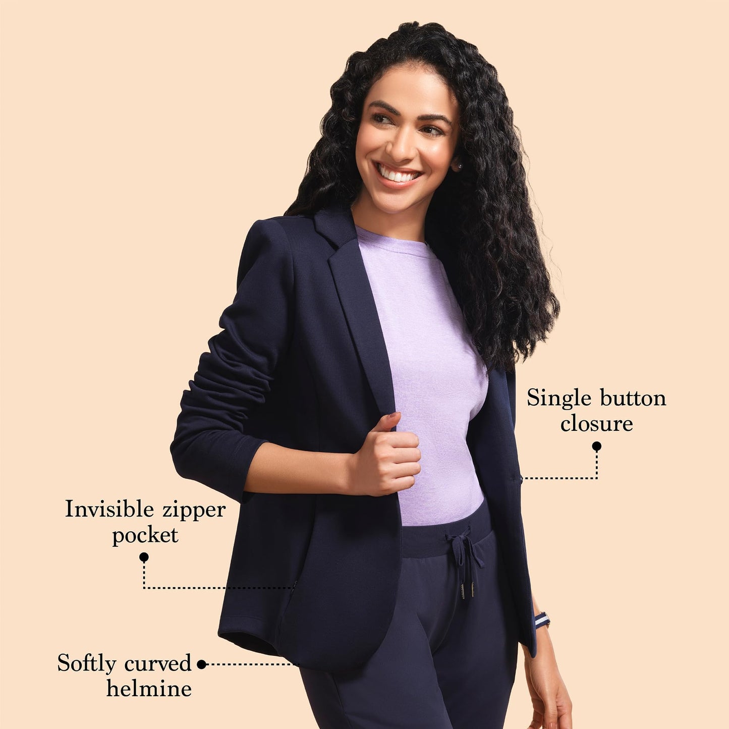 Enamor Athleisure Slim Fit Single breasted One Button Sporty Blazer for Women with 2 Side Zipper Pockets - A903 | Quick Dry & Antimicrobial Finish Blazer (A903_Navy_XXL)