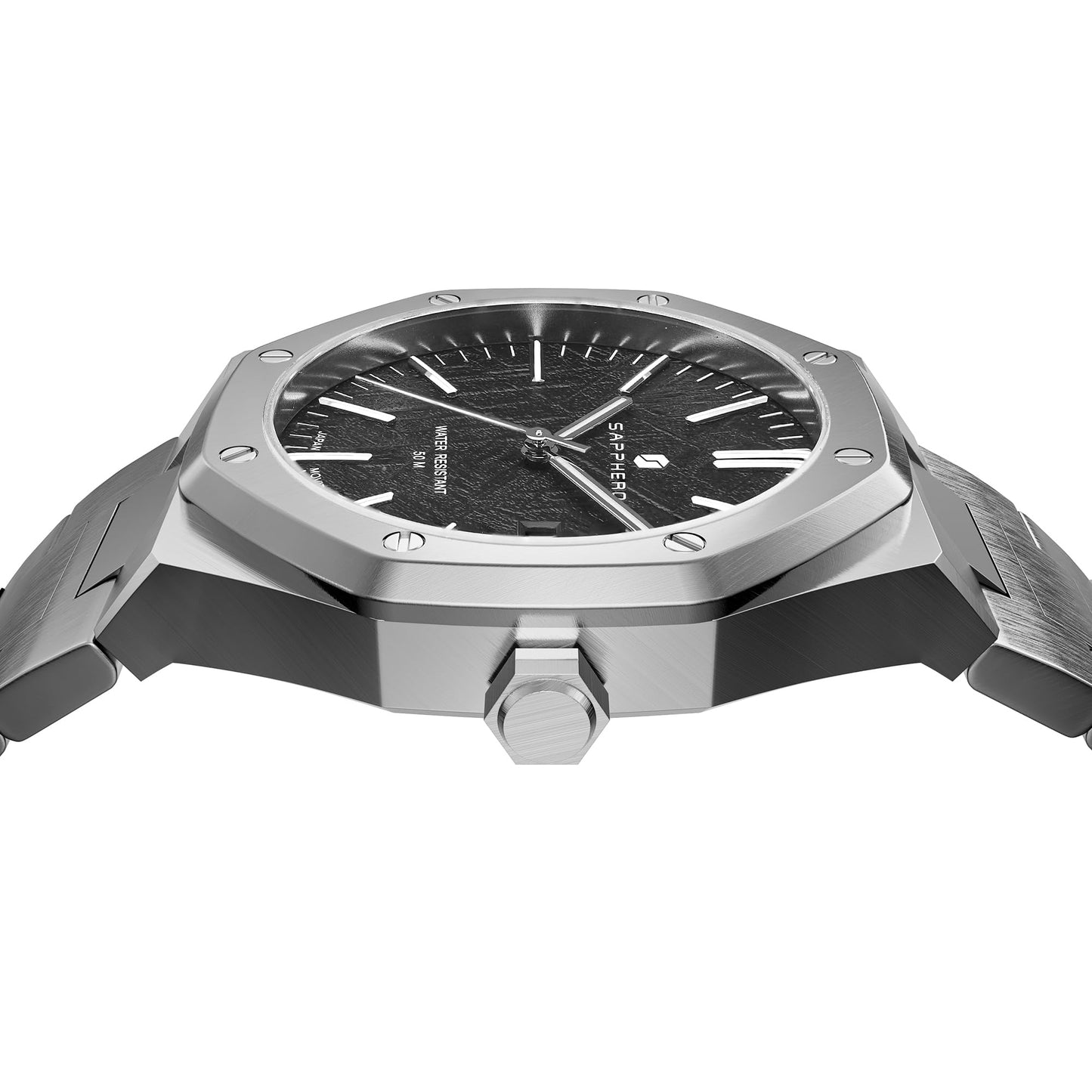 SAPPHERO Men's Watch Octagonal Stainless Steel 30M Waterproof Luminous Wristwatch Luxury Analog Quartz Watch for Men with Date Elegant Mens, Silver and black