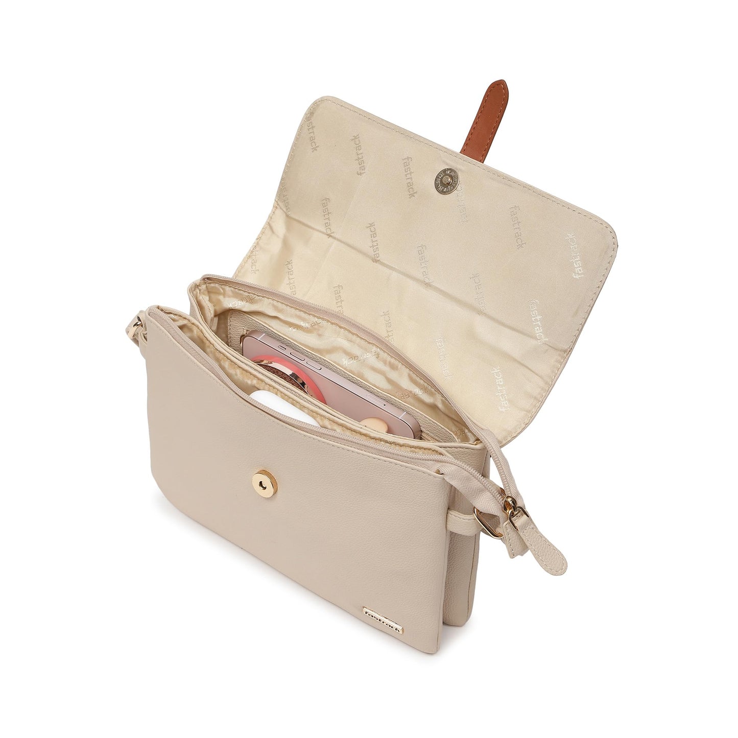 Fastrack Beige Sling | Faux-Leather Women’s Handbag | Sling with Dual Compartments & Utility Pockets