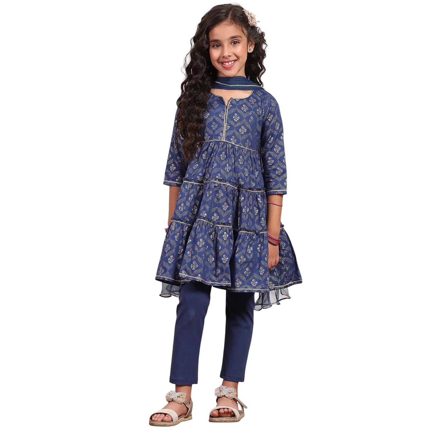 Biba Girl's Blue Cotton Tiered Printed Kurta Churidar Set