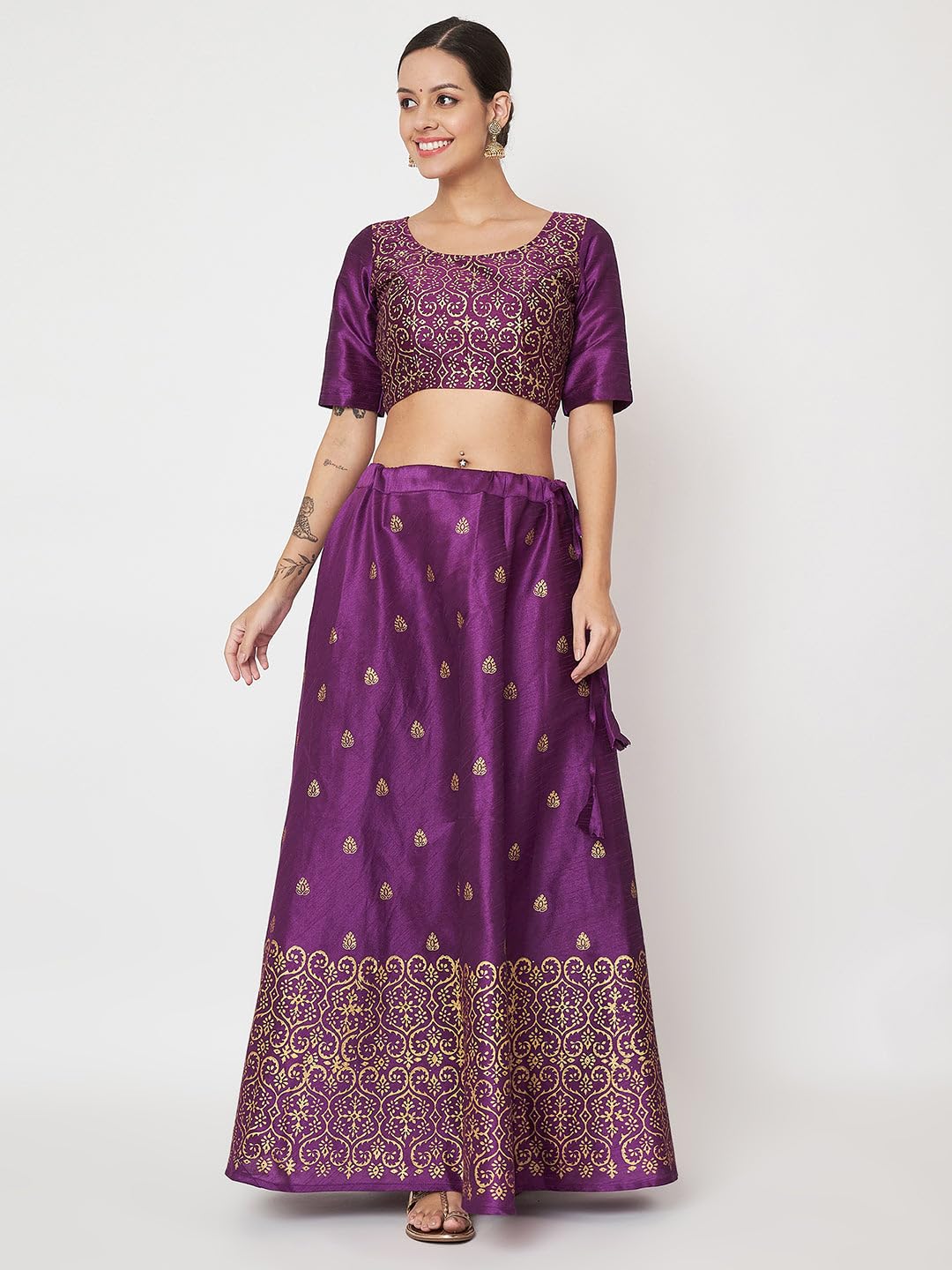 studio rasa Women's Dupion Hand Block Printed Bias Skirt for Wedding Festive Party (SKTC52403L_Purple_Large)