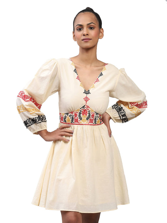 Label RITU KUMAR Women Cotton V Neck Full Sleeve Embroidered Short Casual Dress White