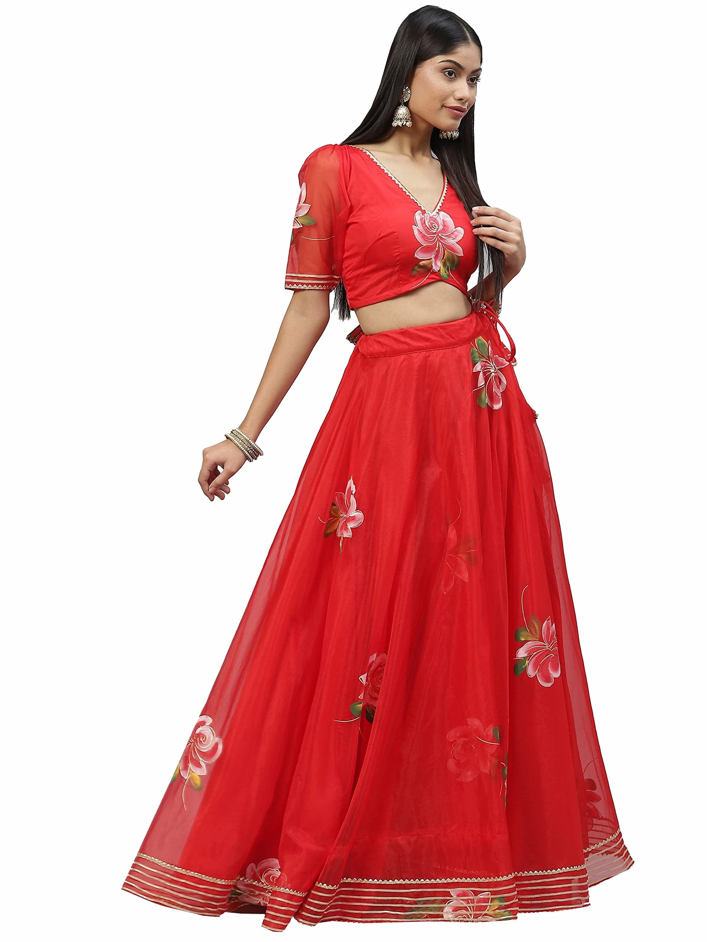 Divena Red Hand Painted Organza Flared Lehenga Choli Set with Organza Dupatta