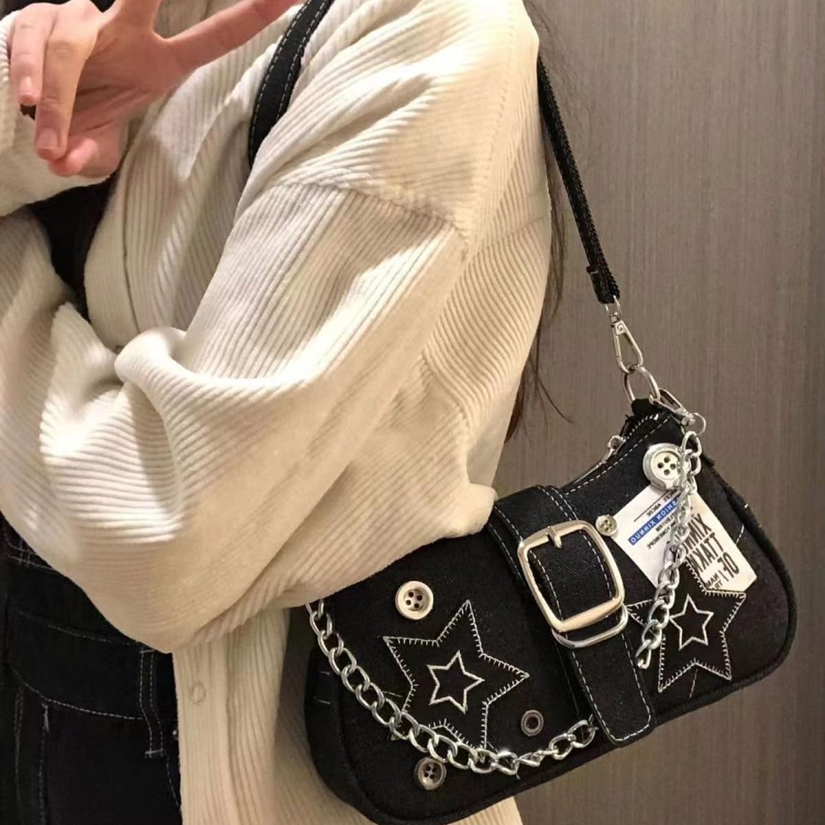 Denim Shoulder Bag for Women, Canvas Aesthetic Crossbody Bag, Lightweight Hobo Handbags, Retro Messenger Bag for Teen Girls, Casual Style Jeans Purse for everyday Use with Zipper Pockets (Black Chic)