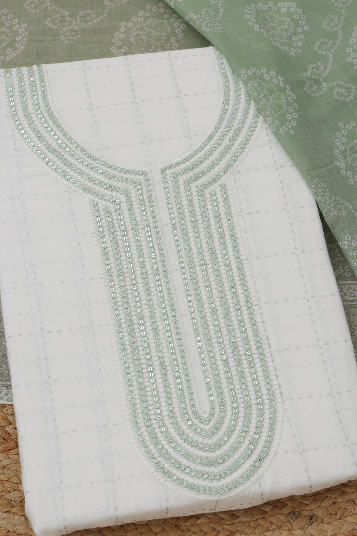 Soch Womens White Cotton Checked Dress Material With Sequin