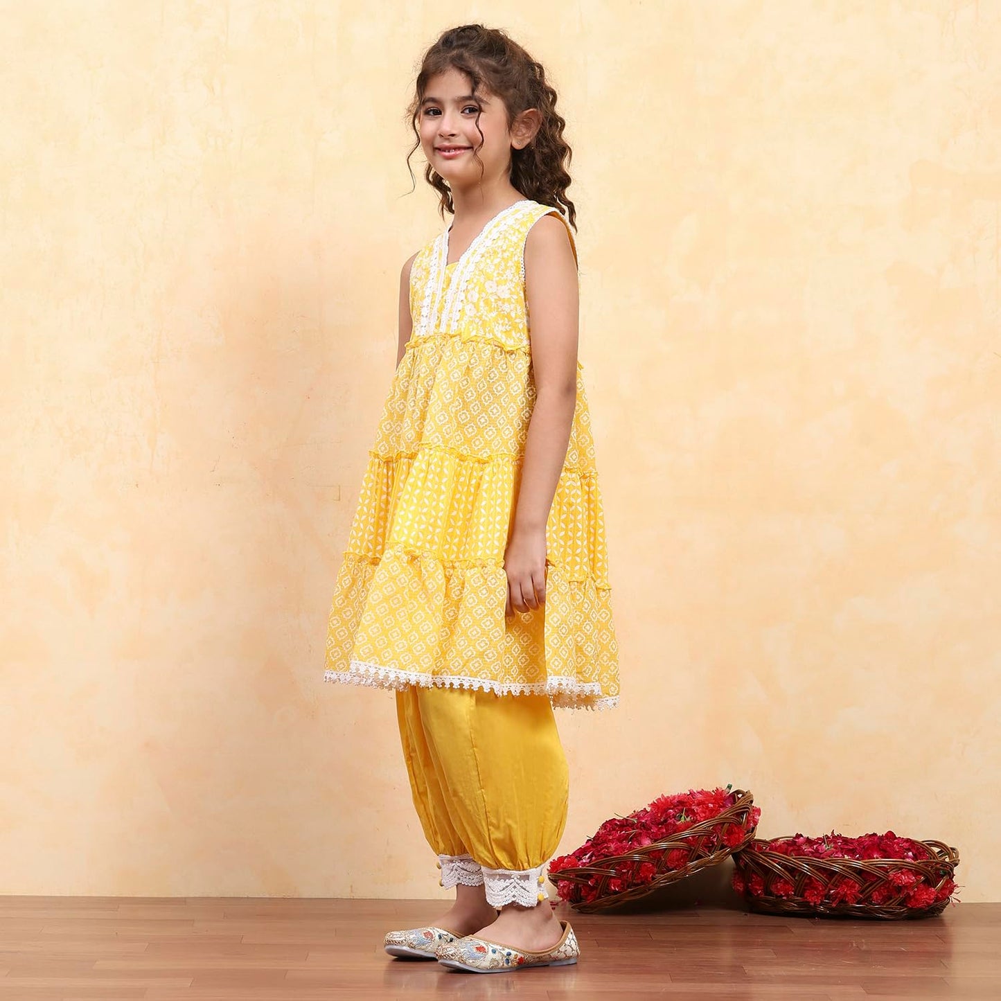 Biba Girl's Yellow Cotton Tiered Printed Kurta Salwar Set