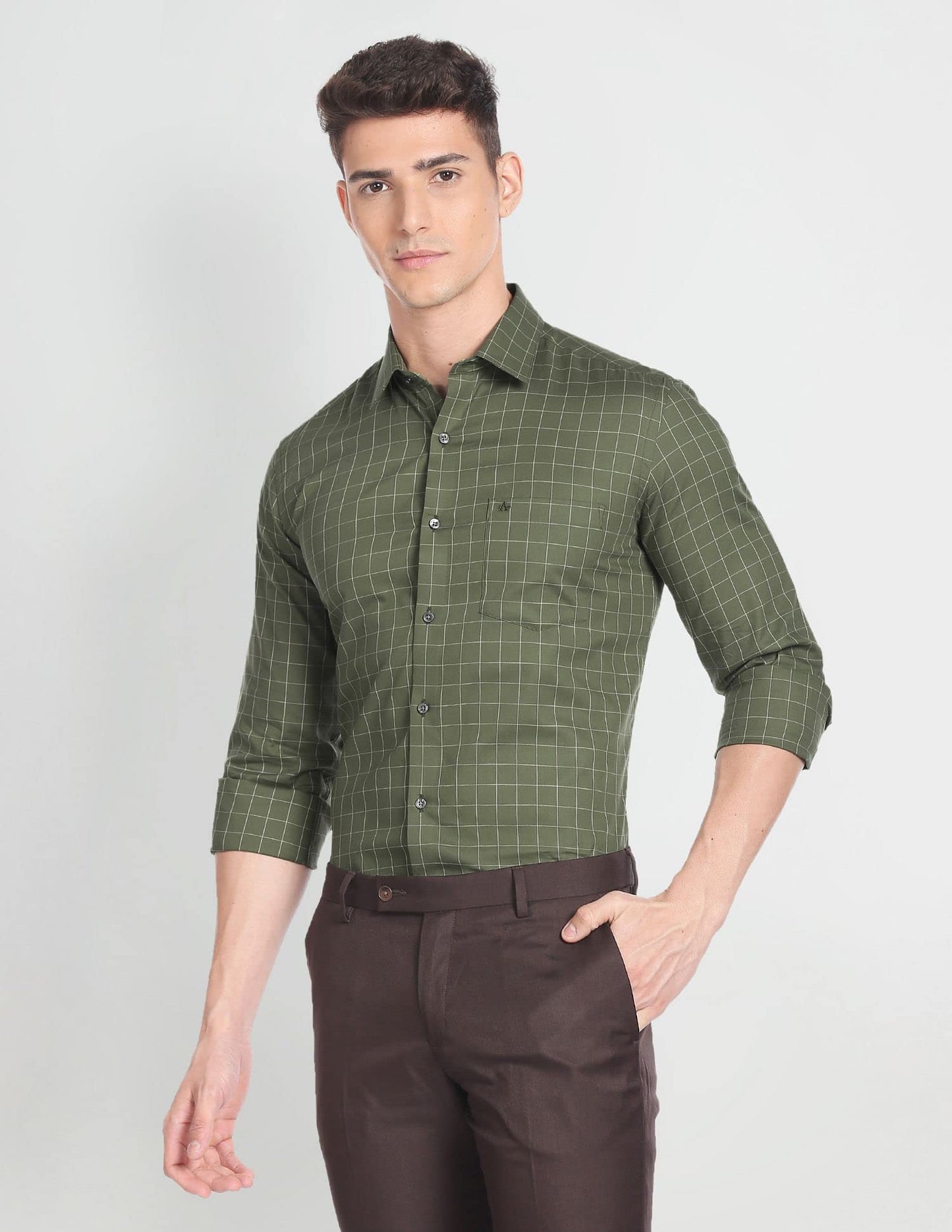 Arrow Men's Checkered Full Sleeve Slim Fit Cutaway Collar Cotton Formal Shirt (ARADOSH1244_Dark Green_40)