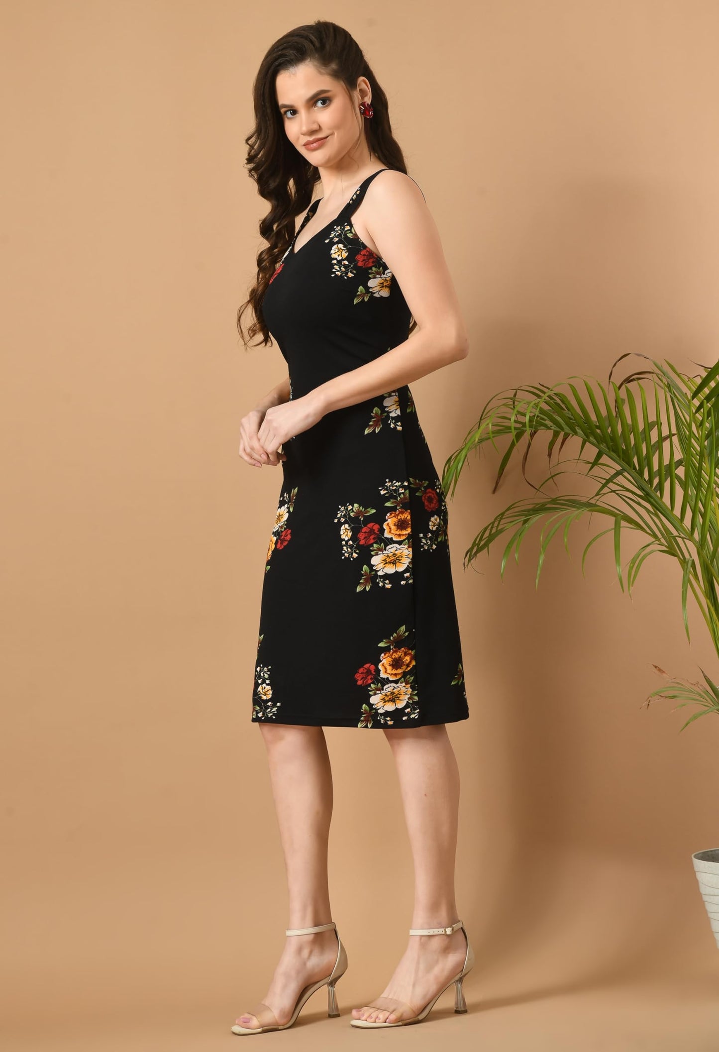 IUGA Women Bodycon Flowre Printed Midi Length Dress Black