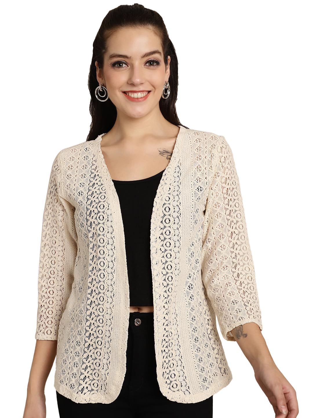FineMe Women Trending Front Open | Cotton Self Designed 3/4th Sleeves Blazer Shrug 5XL Beige