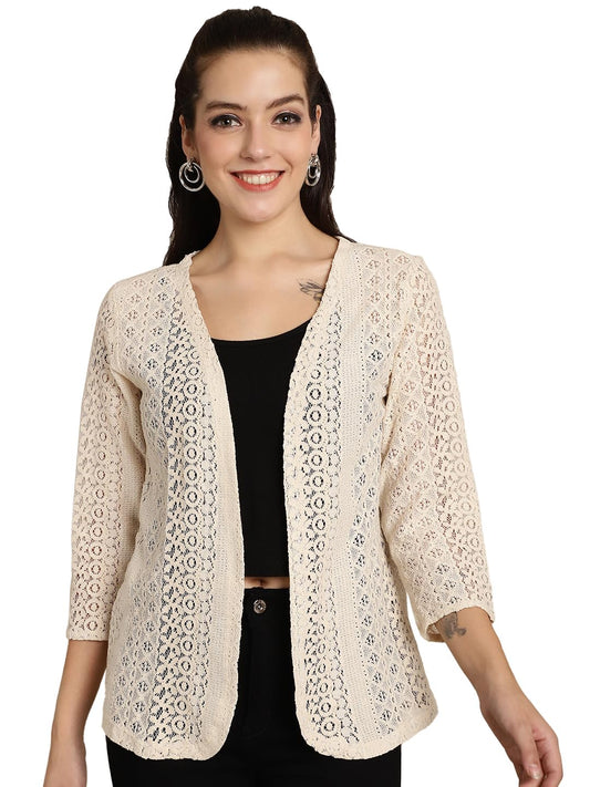 FineMe Women Trending Front Open | Cotton Self Designed 3/4th Sleeves Blazer Shrug 5XL Beige