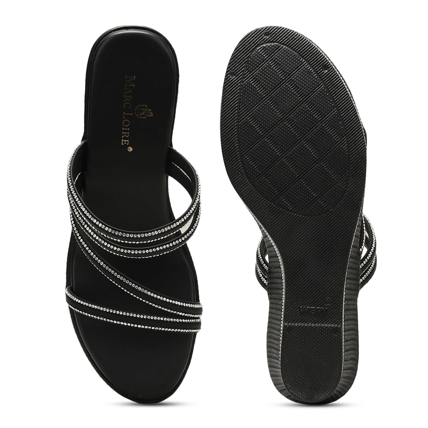 Marc Loire Women Embellished Wedge Heels | Stylish Slip-On Fashion Sandals with Comfortable Sole (Black, UK Footwear Size System, Adult, Women, Numeric, Medium, 5)