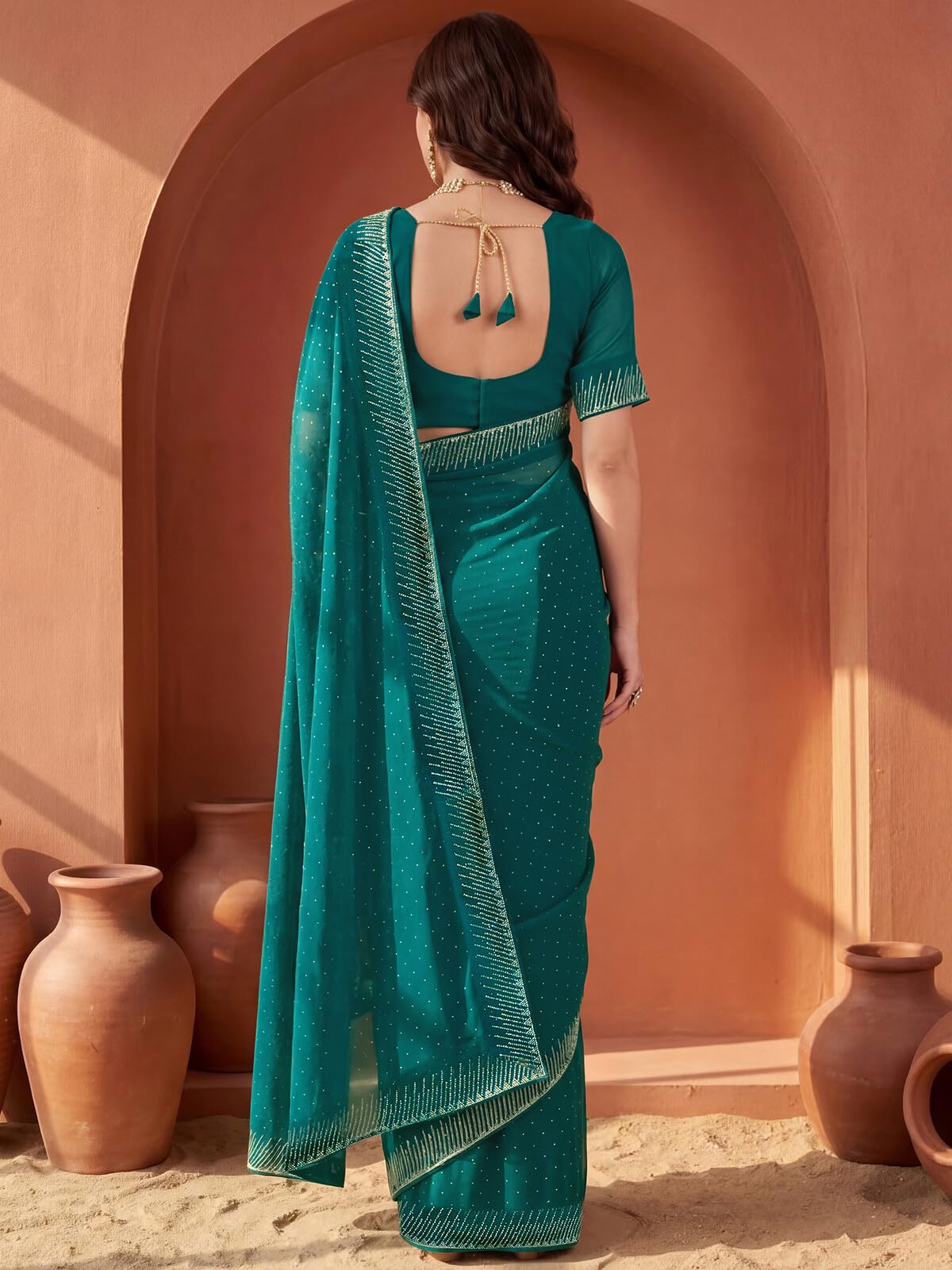 SIRIL Women's Georgette Stone Work Saree with Unstitched Blouse Piece (4998S963A_Teal Blue)