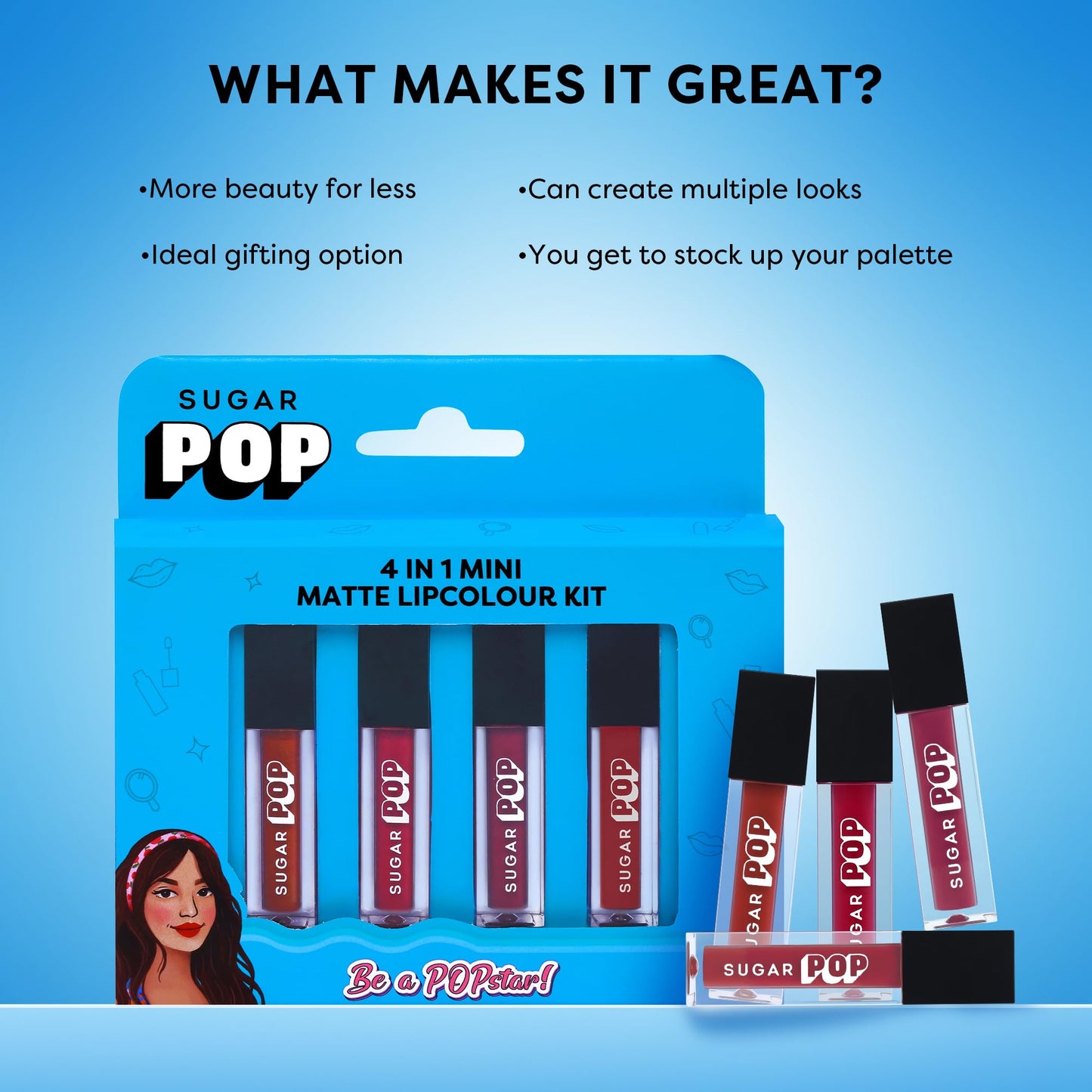SUGAR POP 4 in 1 Mini Matte Lipcolour Kit | Vitamin E | Smudgeproof | Long-lasting Wear | 4 N x 1.1 ml - 01 Cult Classics