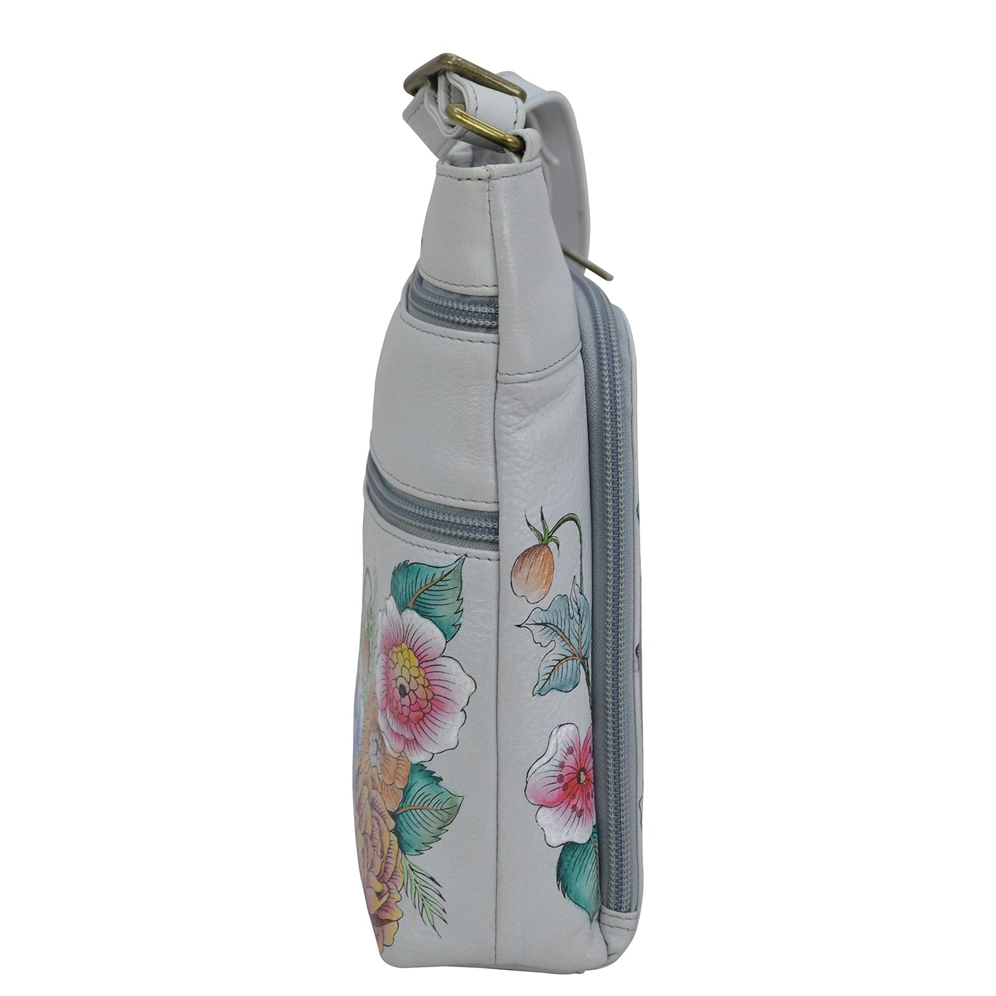 Anuschka Hand Painted Women’s Genuine Leather Crossbody with Front Zip Organiser & RFID Card Protection- Floral Charm