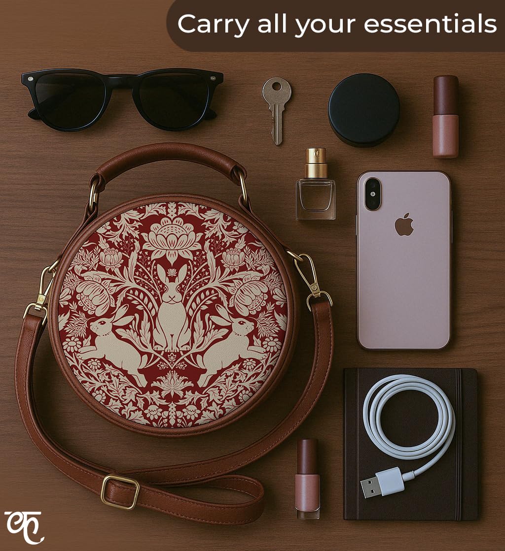 Kalankit Round Sling Bag for Women | Lightweight Vegan Leather Crossbody | Stylish Compact Purse | Trendy Bags for Women | Valentine Gift for Wife | Modern Damask Year Of The Rabbit